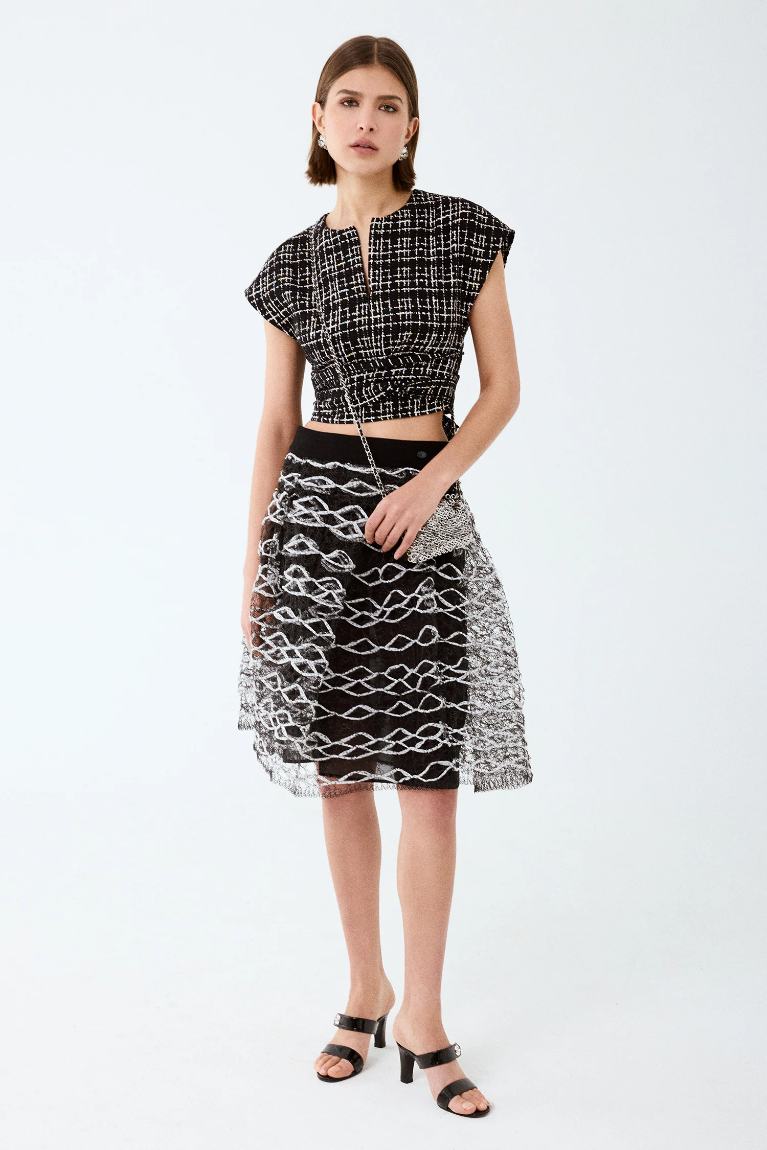 Pre-Loved Chanel™ Black/White Net 'Coco Mark' Flared Skirt with Black Slip Size 38