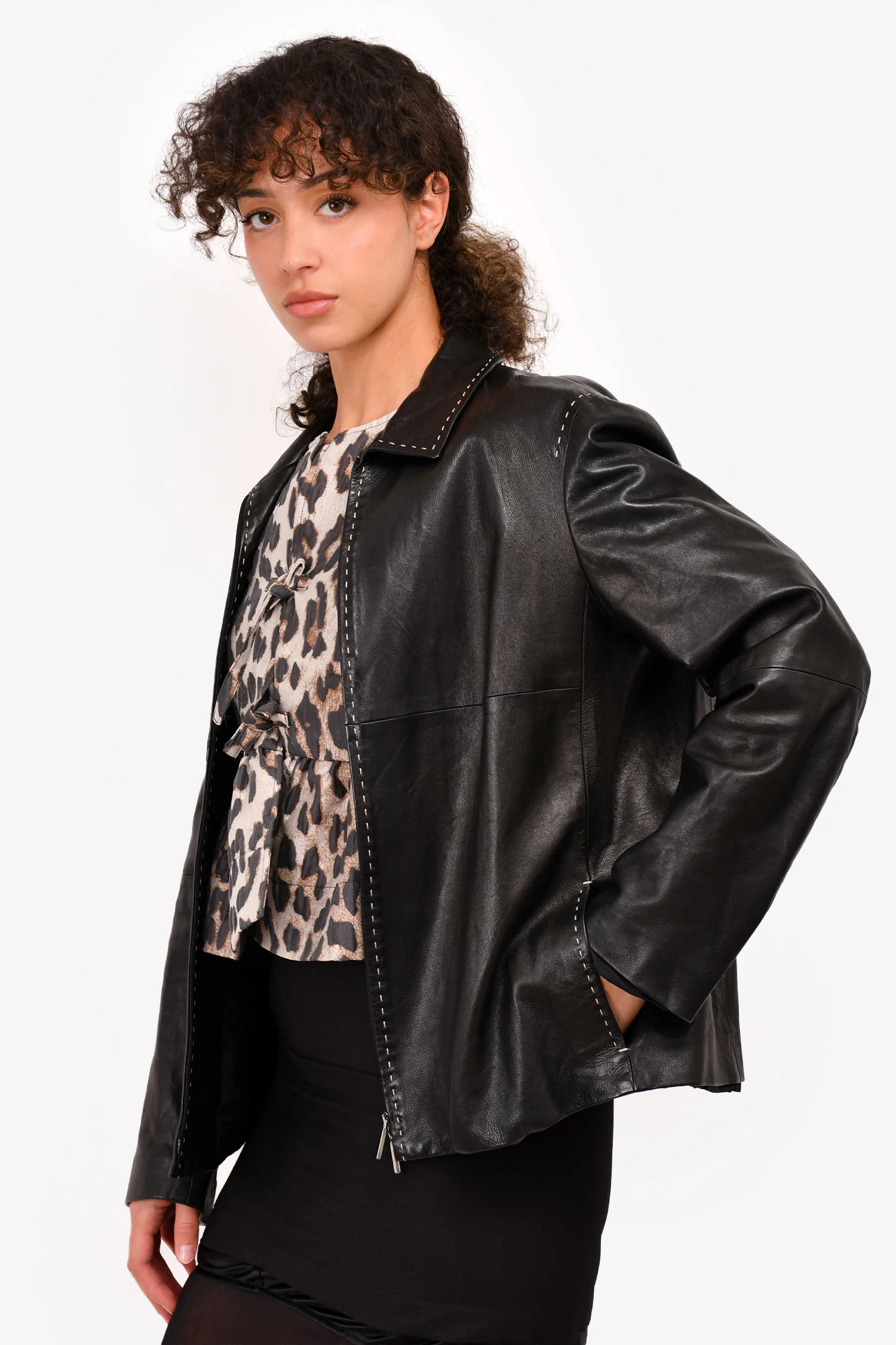 'S Max Mara Black Leather Zip Up Jacket Size 14 US