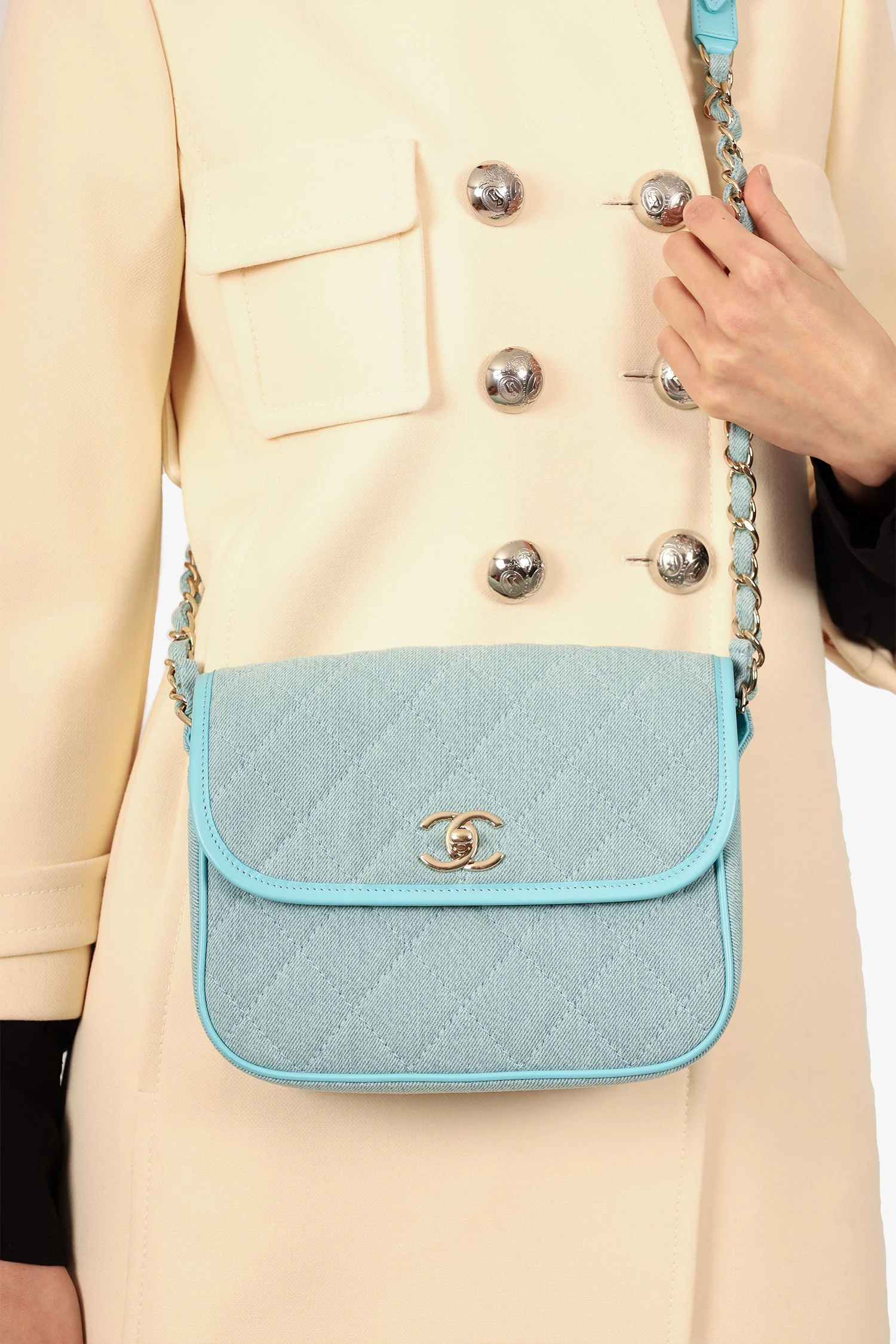 Pre-Loved Chanel™ 2021 Blue Denim Quilted CC Small Messenger Flap Bag