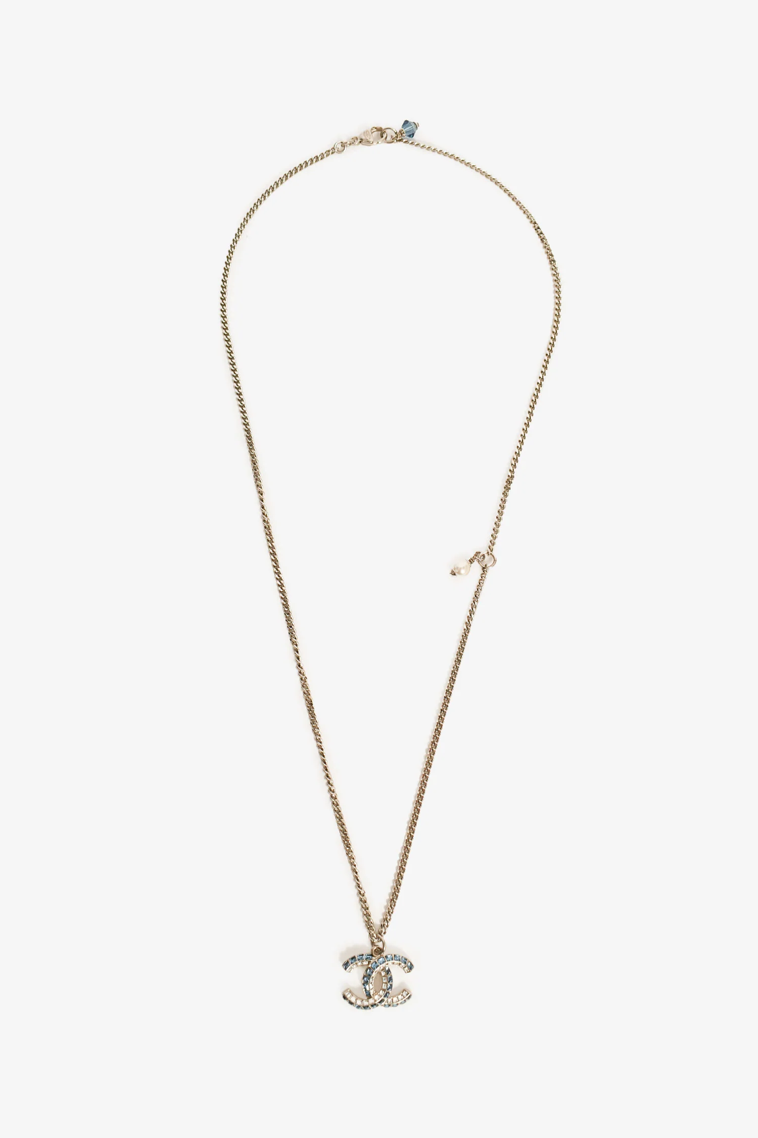 Pre-Loved Chanel™ 2019 Silver Toned Blue Crystal CC Long Necklace
