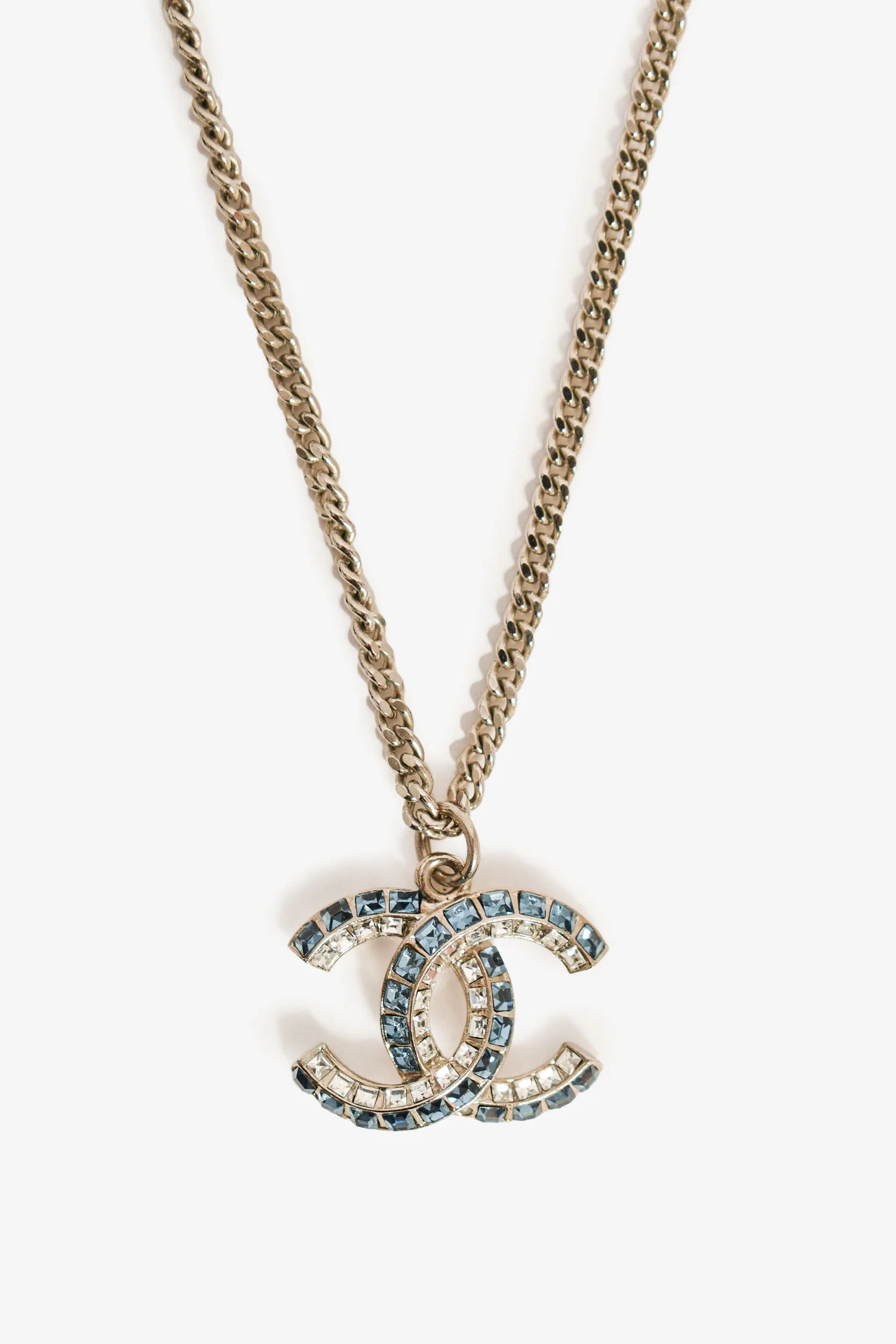 Pre-Loved Chanel™ 2019 Silver Toned Blue Crystal CC Long Necklace