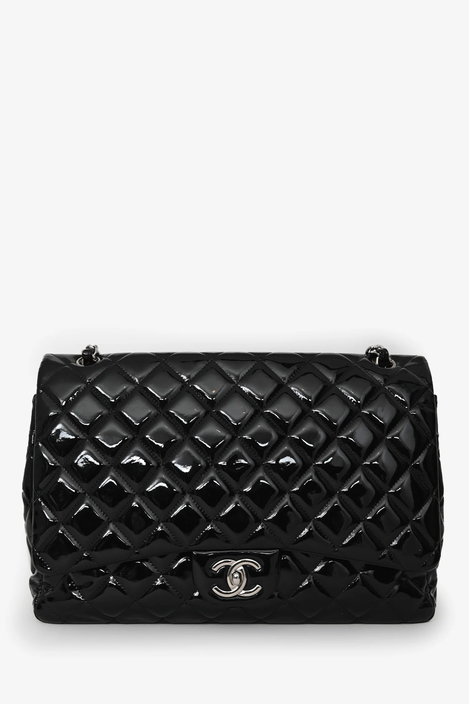 Pre-Loved Chanel™ 2012/13 Black Quilted Patent Maxi Double Flap Shoulder Bag