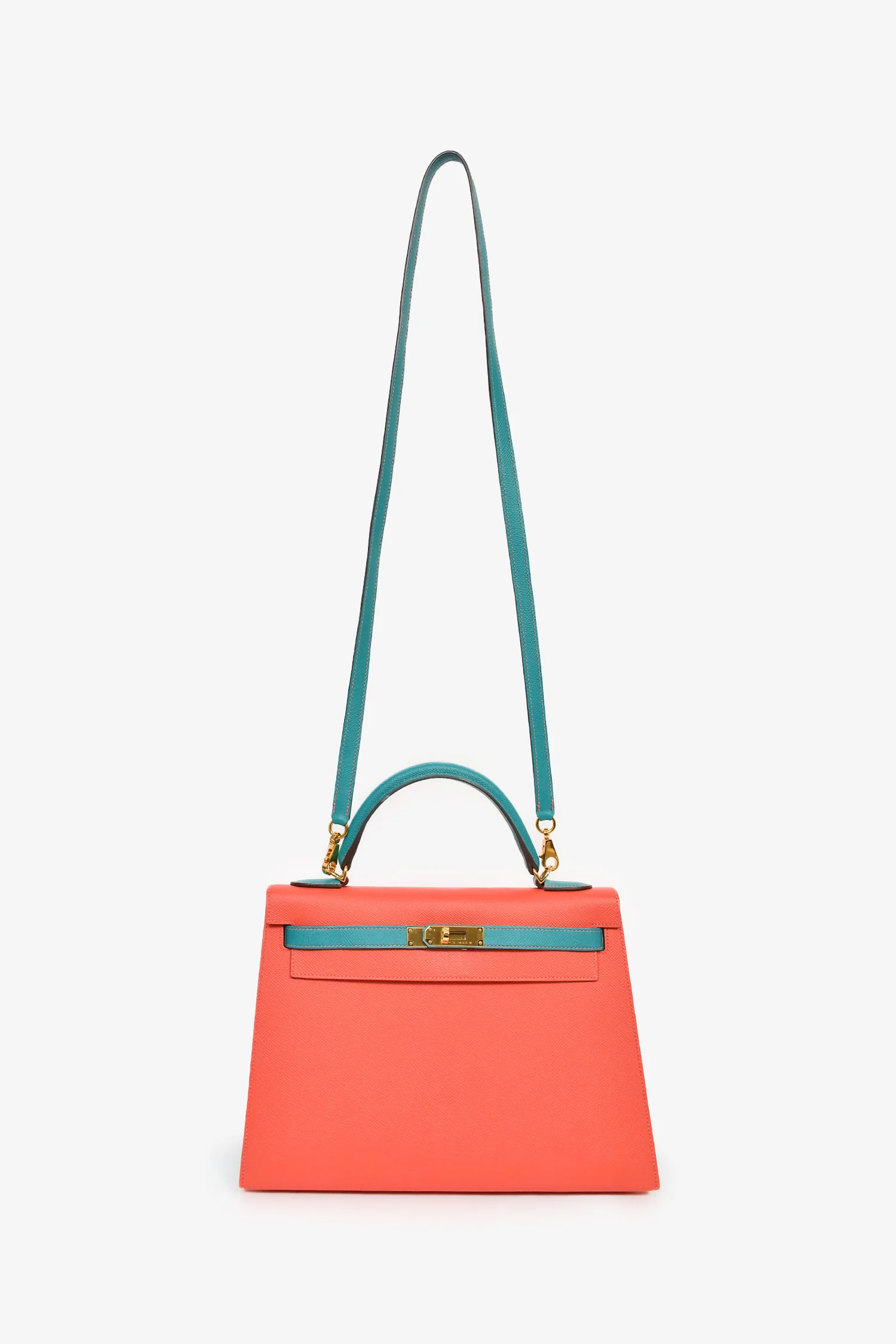 Hermès 2017 Special Order Coral/Teal Bi-Colour Epsom Leather Kelly Sellier 32