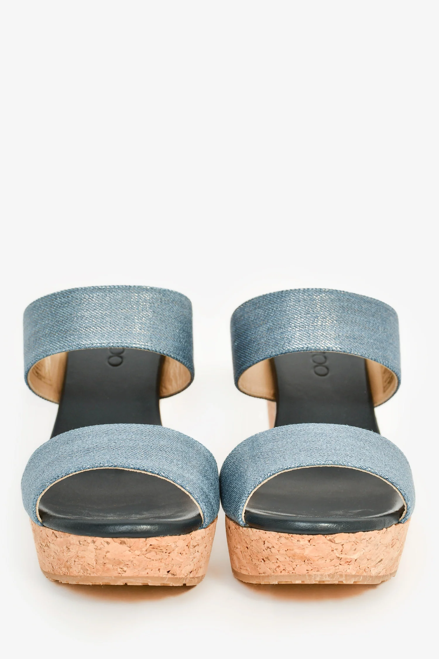 Jimmy Choo Blue/Brown Coated Canvas/Cork Wedge Sandals Size 38.5