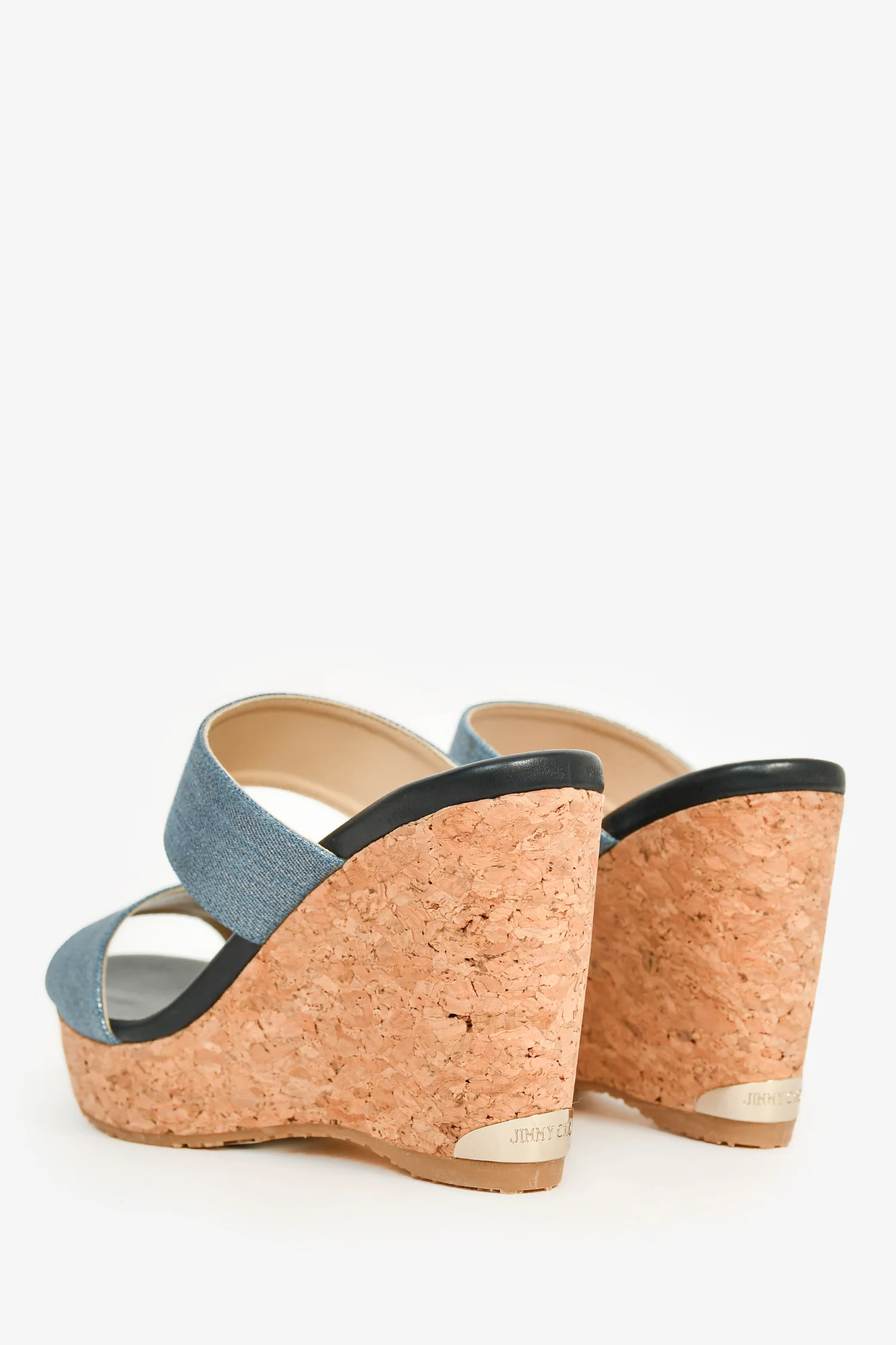 Jimmy Choo Blue/Brown Coated Canvas/Cork Wedge Sandals Size 38.5