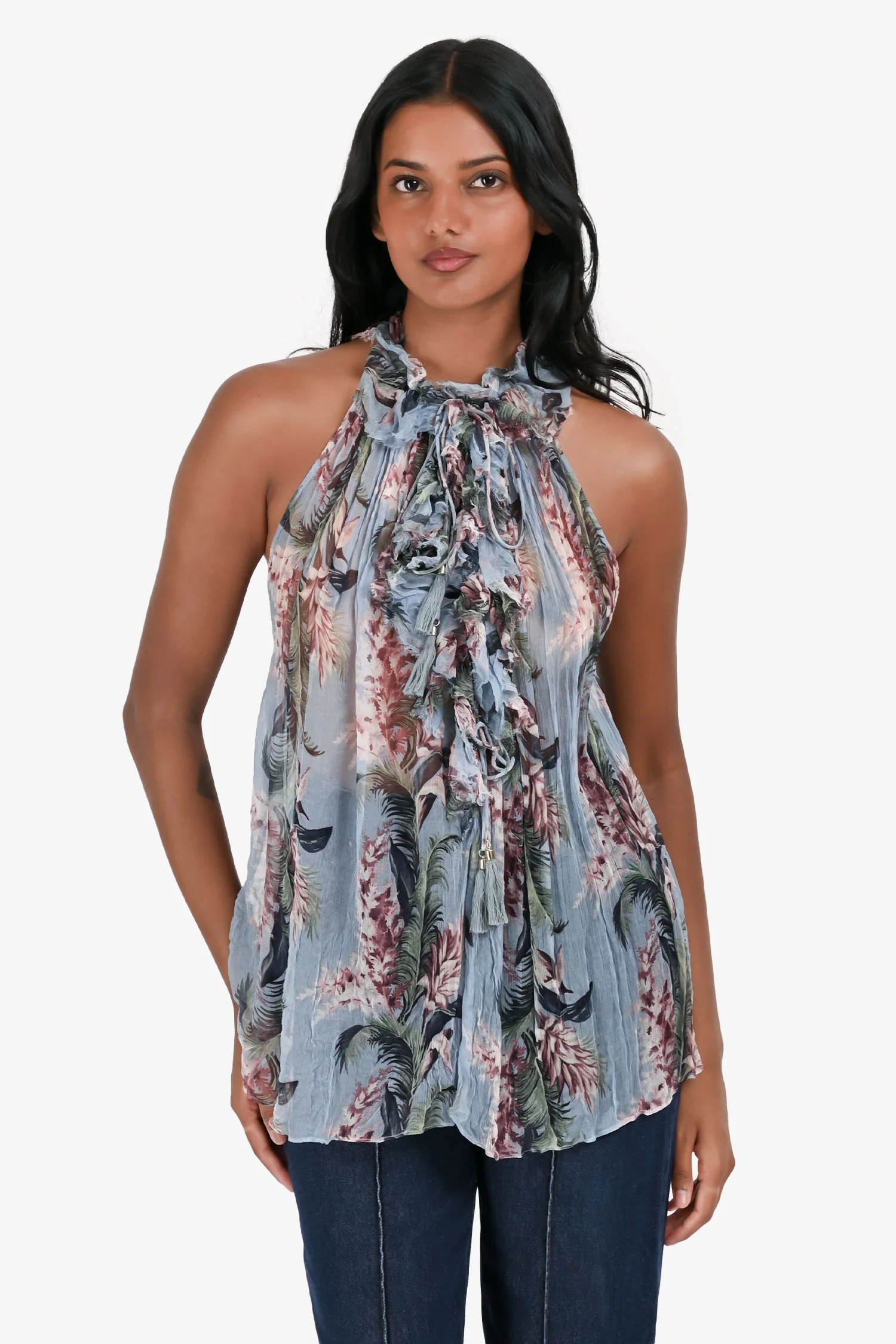 Zimmermann Blue Floral Silk Ruffle Sleeveless Top Size 0