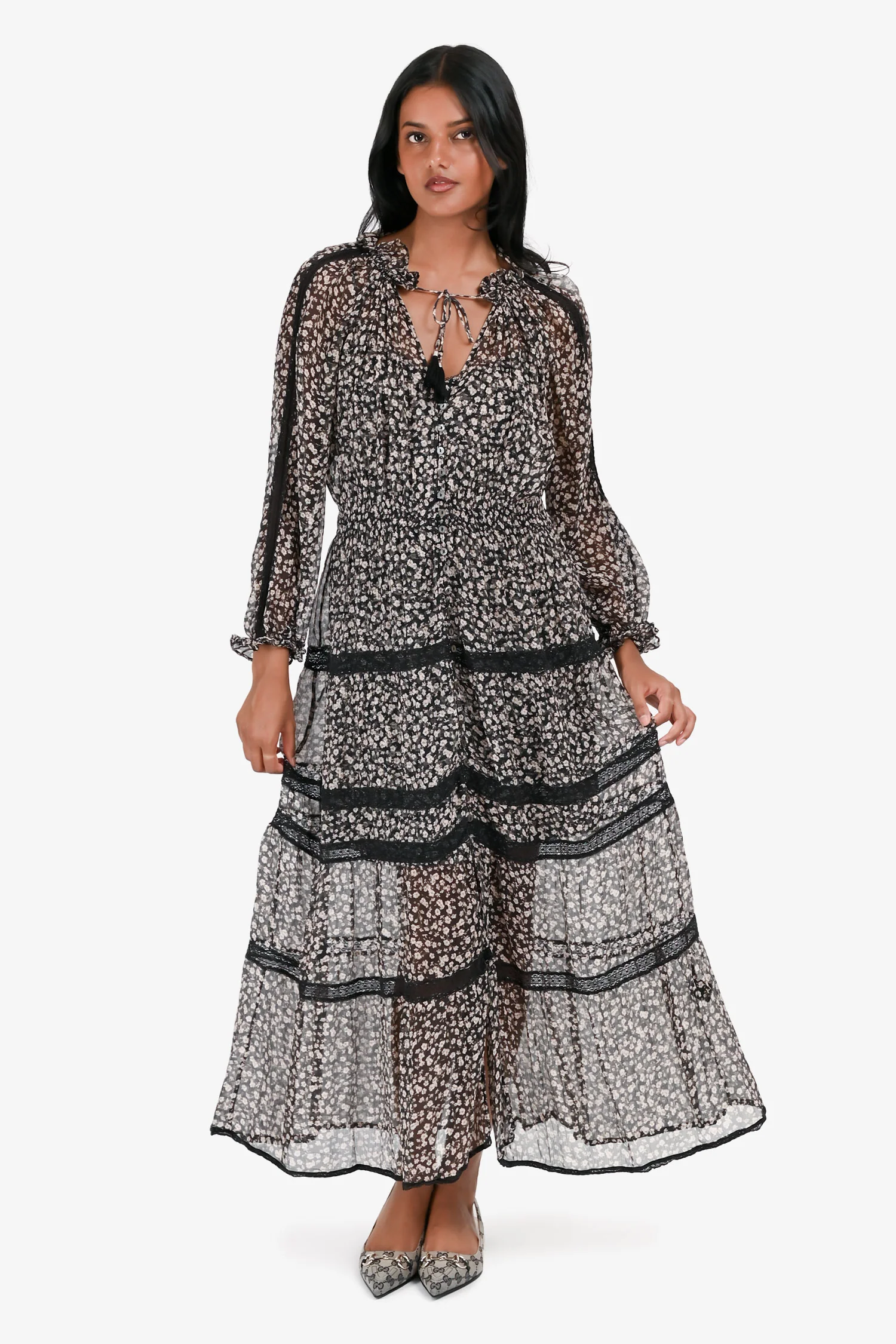 Zimmermann Black/Pink Floral Long Sleeve Sheer Maxi Dress With Slip Size 0