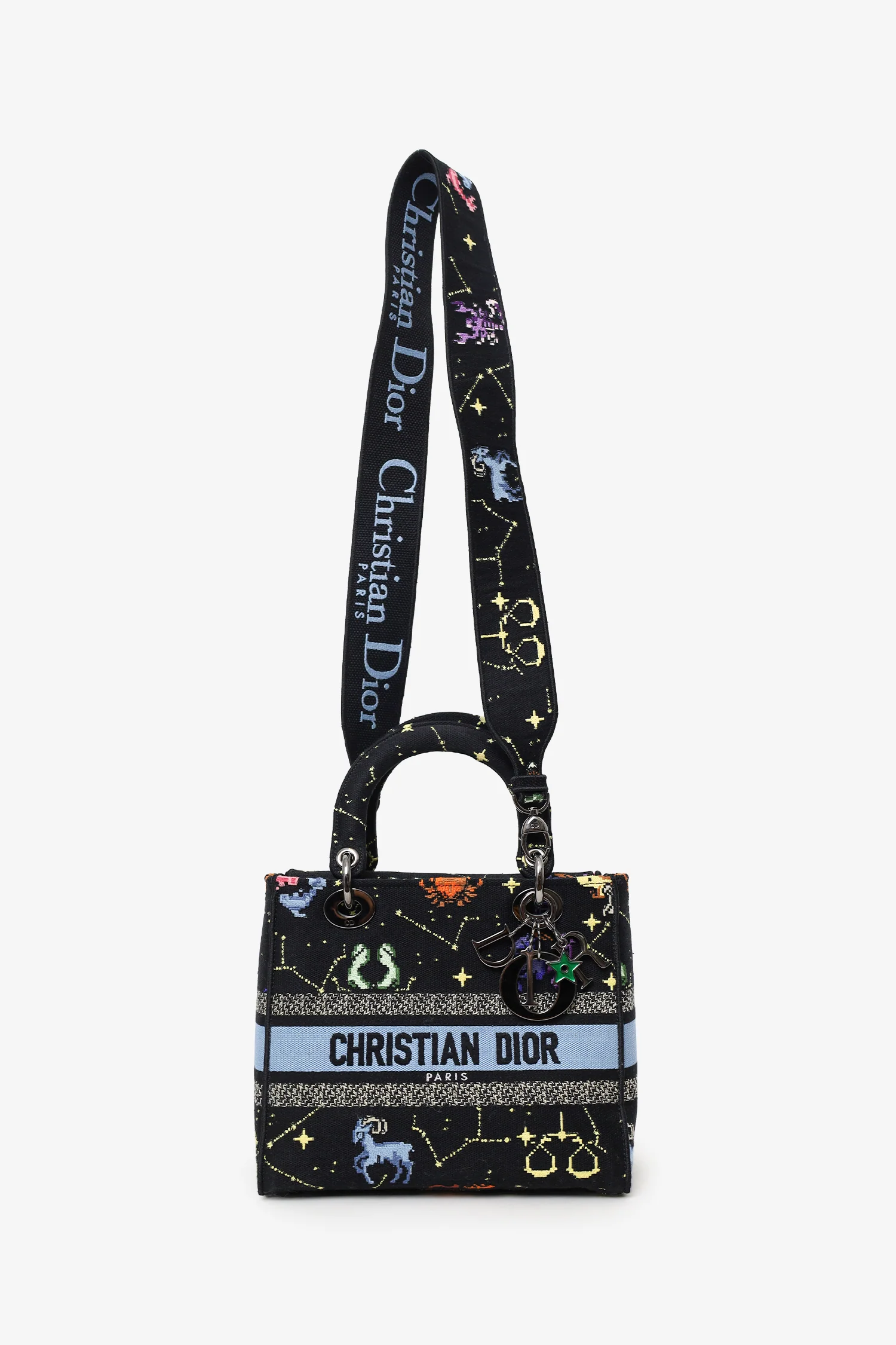 Christian Dior 2022 Black Canvas Pixel Zodiac Embroidered Medium Lady D-Lite With Strap