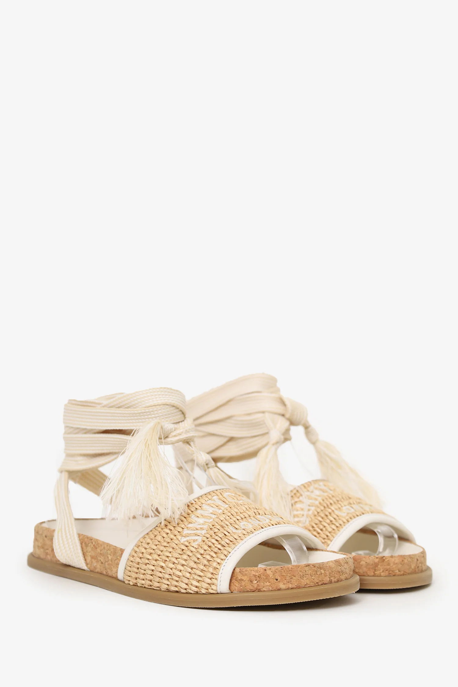 Jimmy Choo Natural Embroidered Raffia Sandals Size 35.5