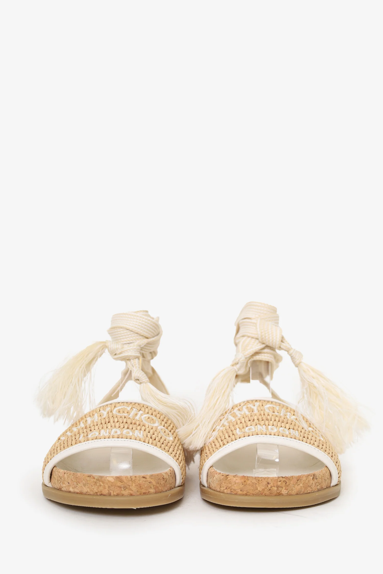 Jimmy Choo Natural Embroidered Raffia Sandals Size 35.5