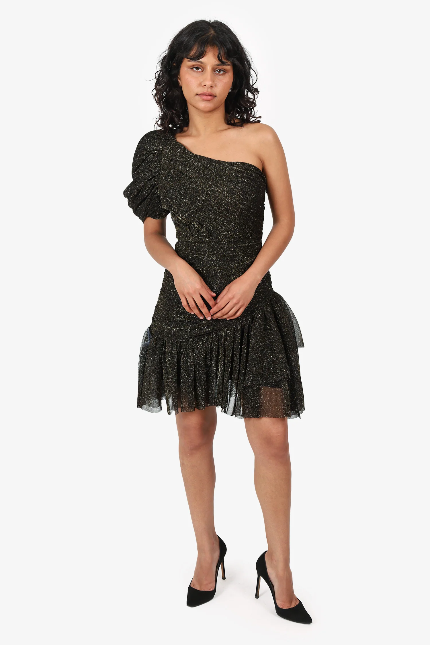 Black by Bariano Gold/Black One-Shoulder Dress Size 6