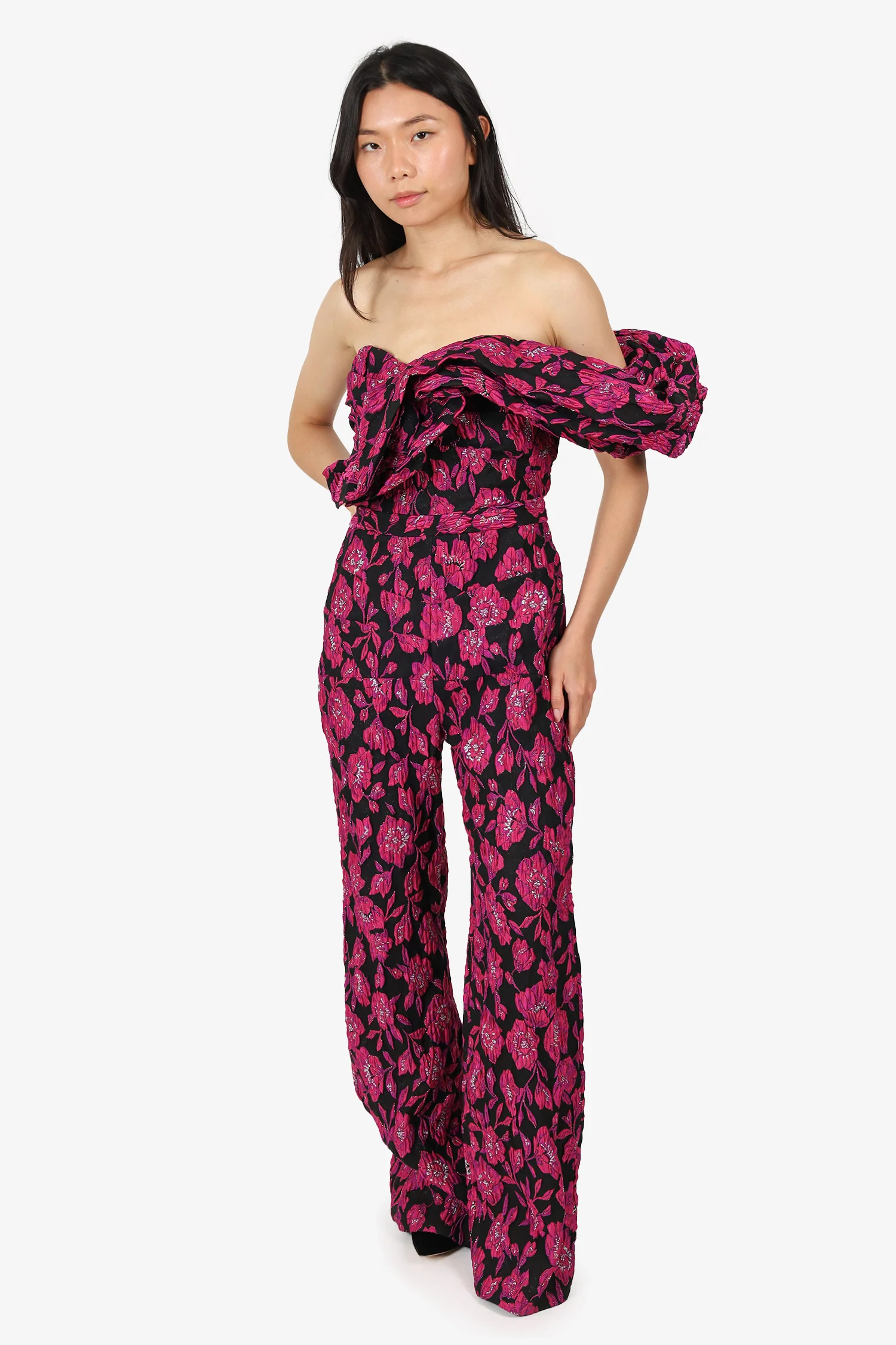 Eliya The Label Pink/Black One-Shoulder Jacquard 'Nora' Jumpsuit Size S