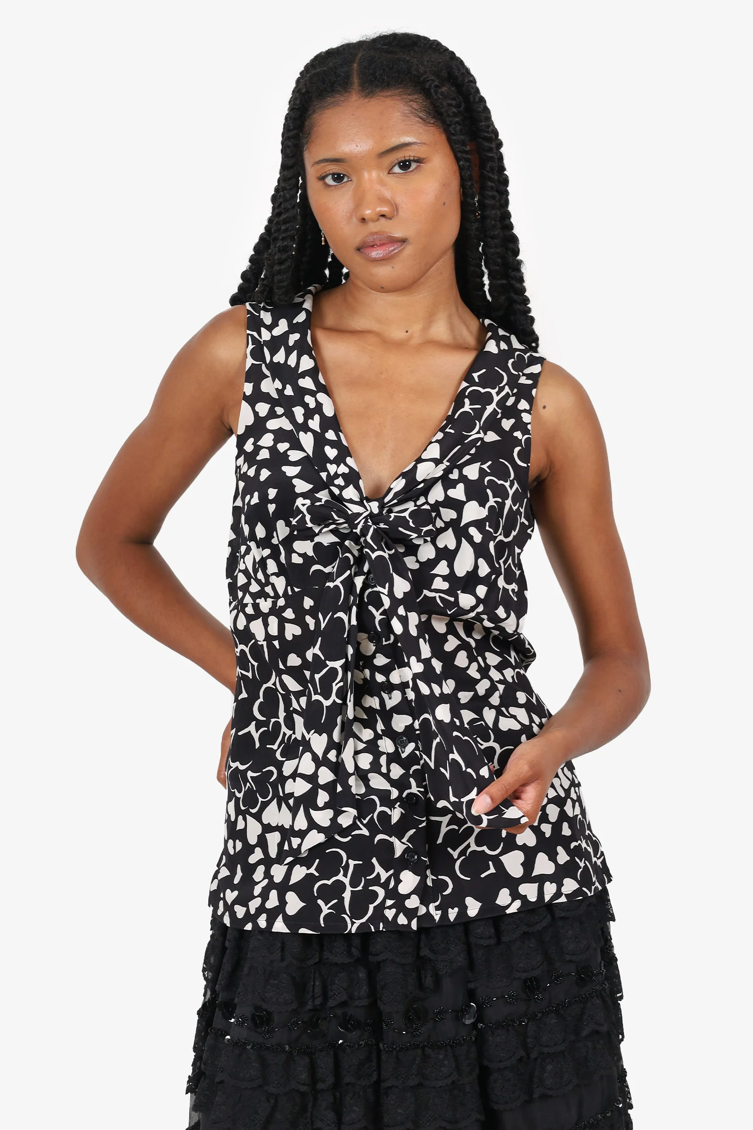 Moschino Black/White Silk Heart Print Sleeveless Blouse Size 10