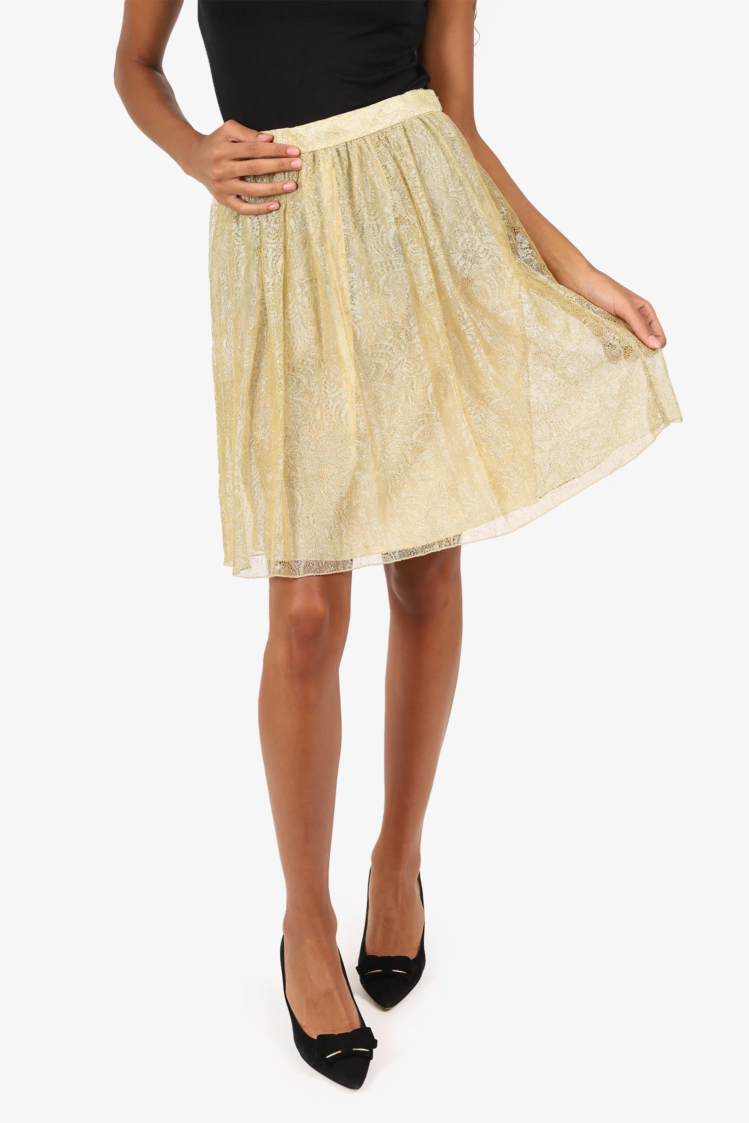 Moschino Cheap and Chic Gold Metallic Lace Midi Skirt Size 6