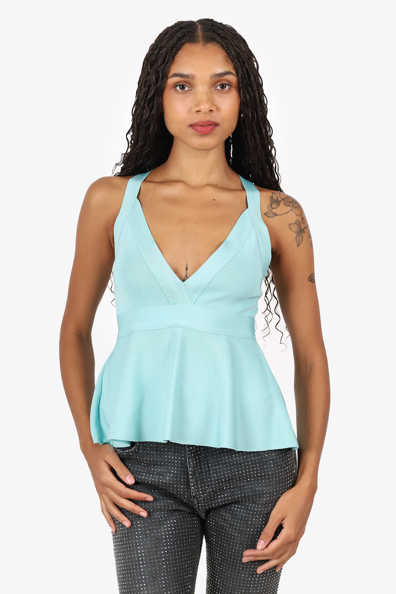 Boutique Moschino Blue Ribbed Criss-cross Top Size 6