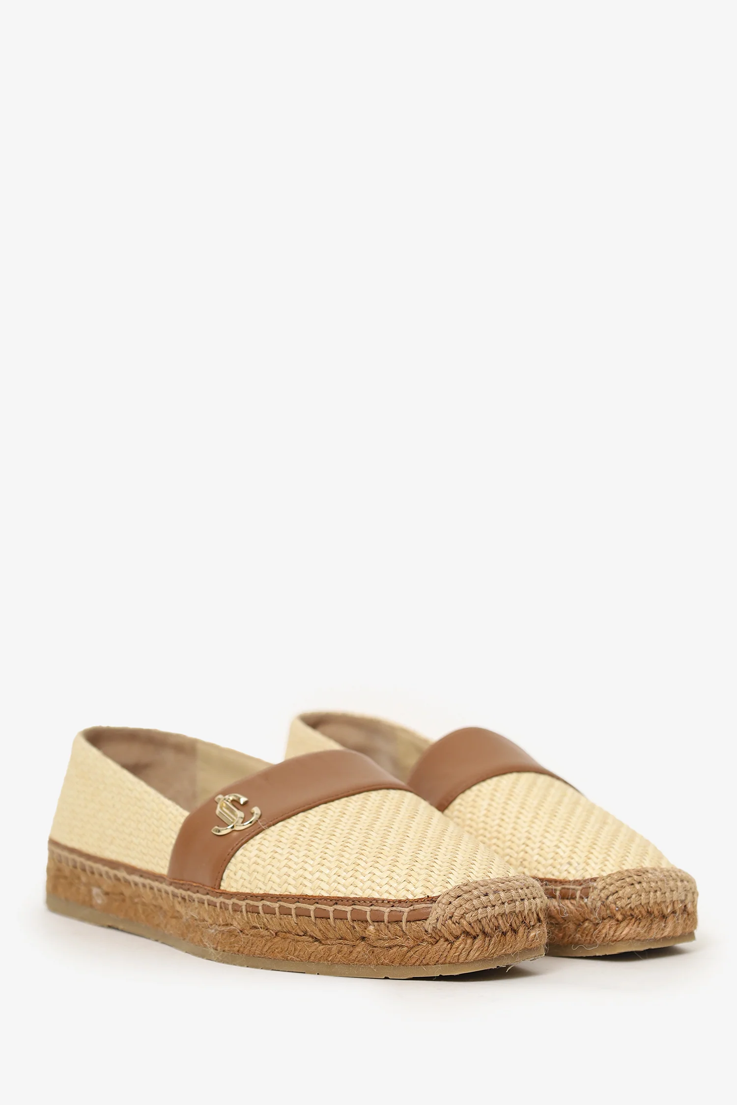 Jimmy Choo Beige/Brown Raffia And Leather Espadrille Flats Size 36.5