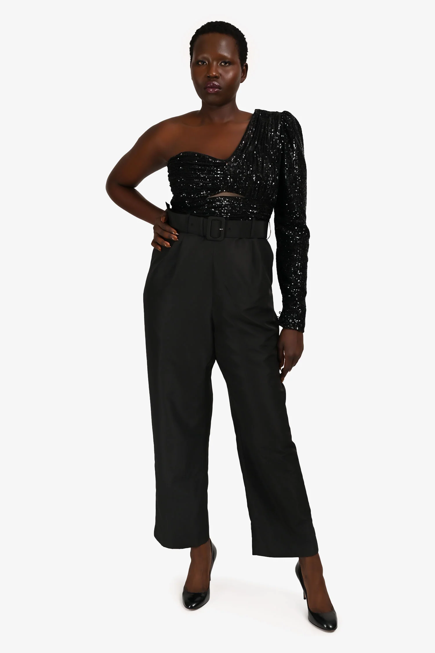 Self-Portrait Black Sequin Asymmetrical Belted Pantsuit Size 10