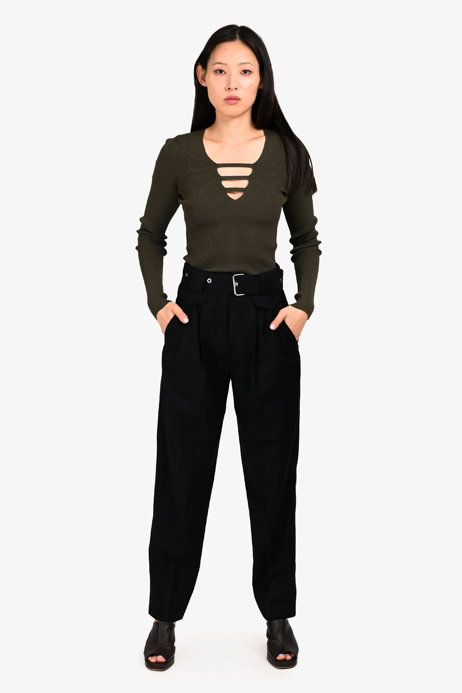 Judith & Charles Black Wool Belted Paperbag Trousers Size 0