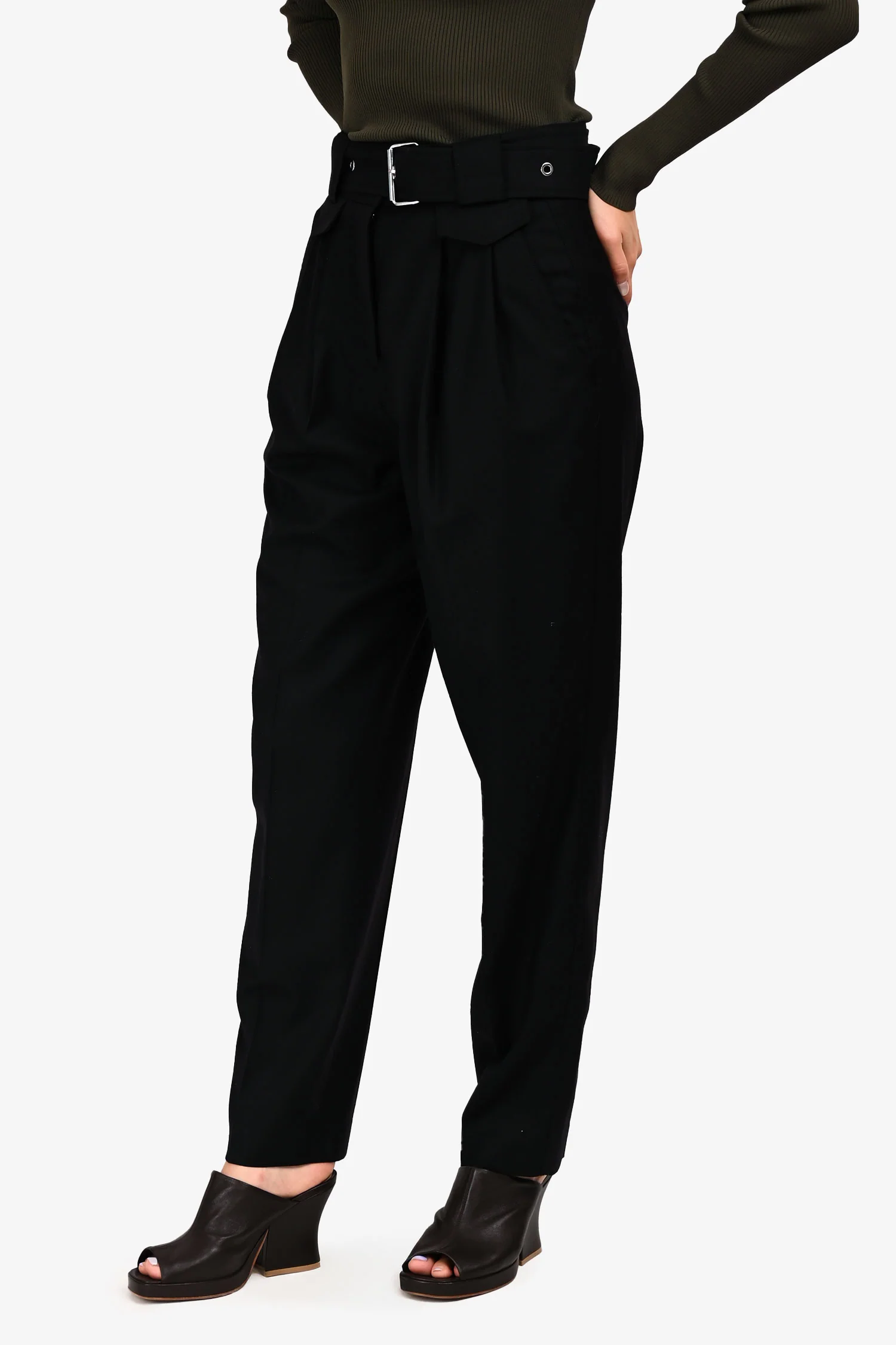 Judith & Charles Black Wool Belted Paperbag Trousers Size 0