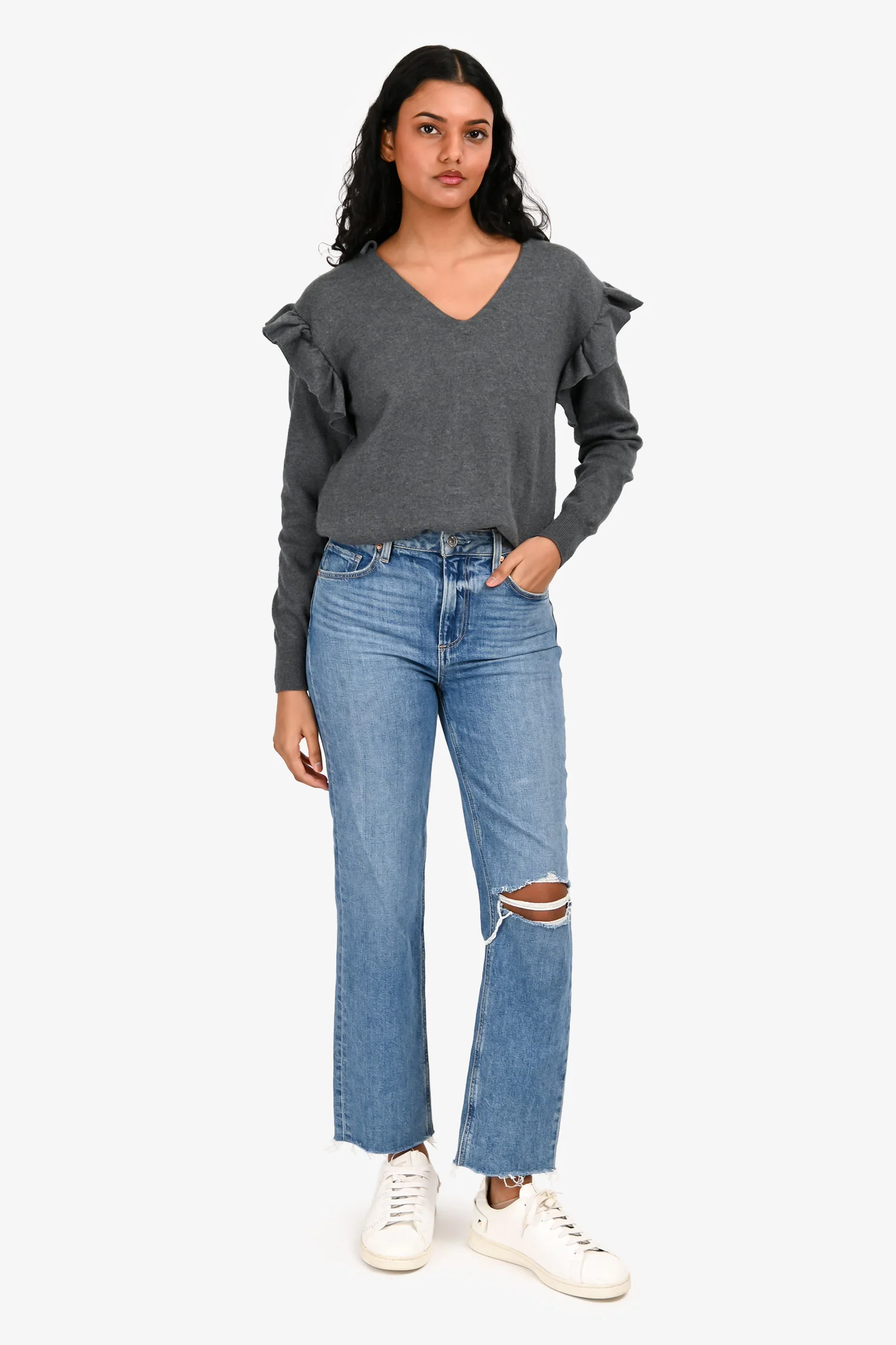 Paige Blue Cropped Distressed 'Sarah Straight Ankle' Jeans Size 25