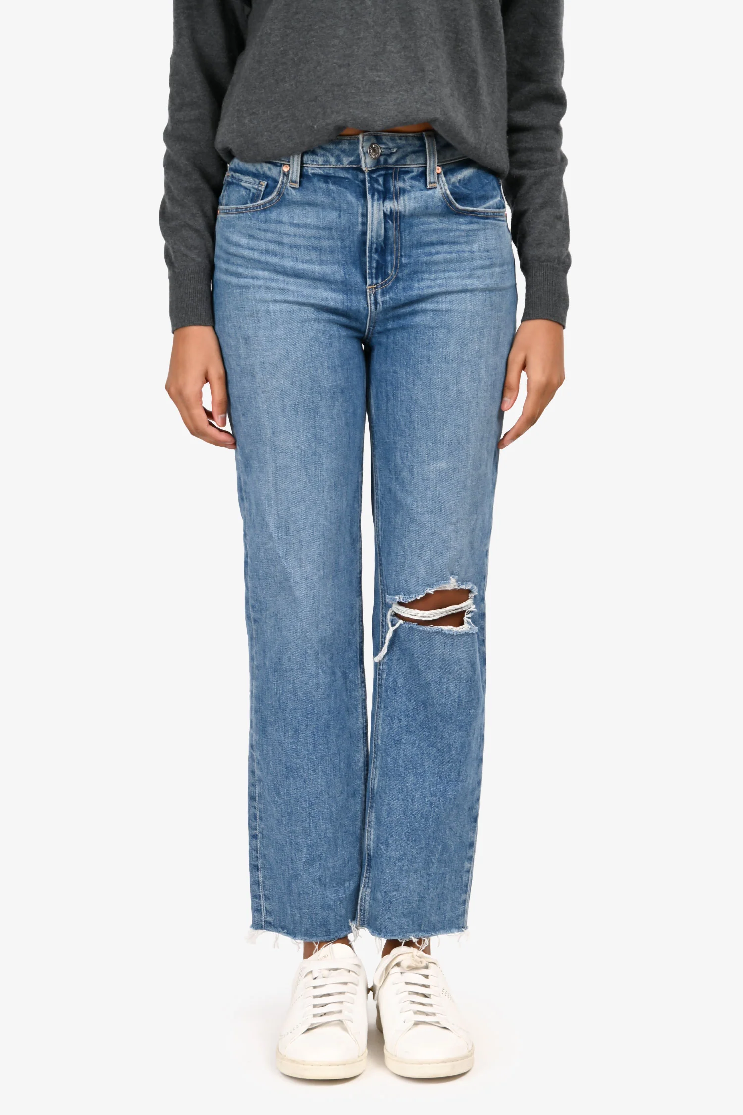 Paige Blue Cropped Distressed 'Sarah Straight Ankle' Jeans Size 25