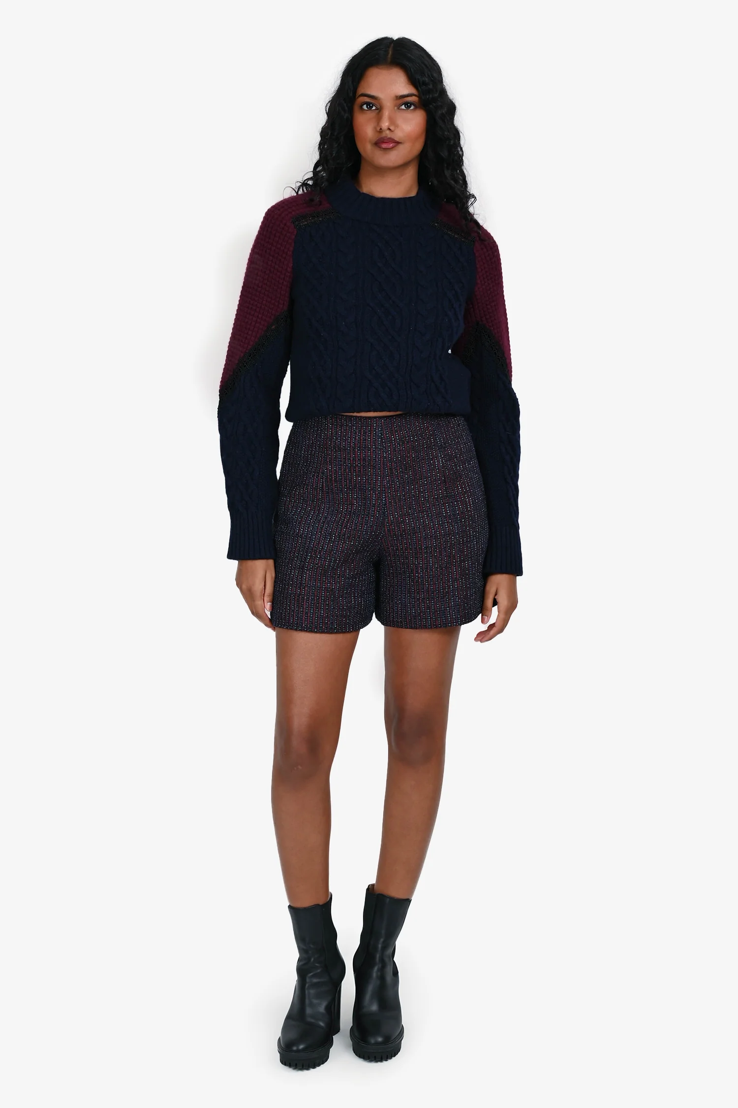 Carven Burgundy/Navy Tweed Mini Shorts Size 34