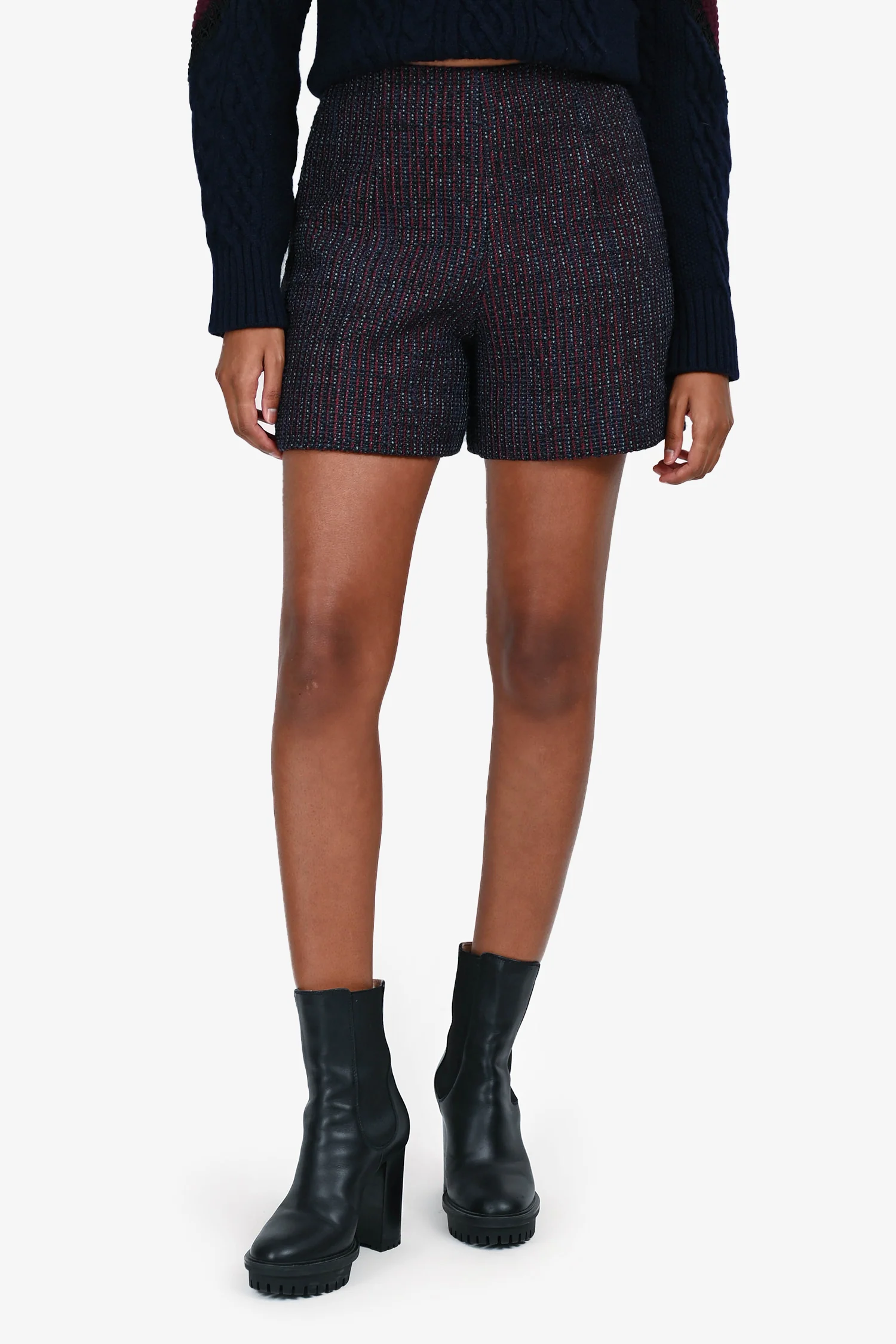 Carven Burgundy/Navy Tweed Mini Shorts Size 34