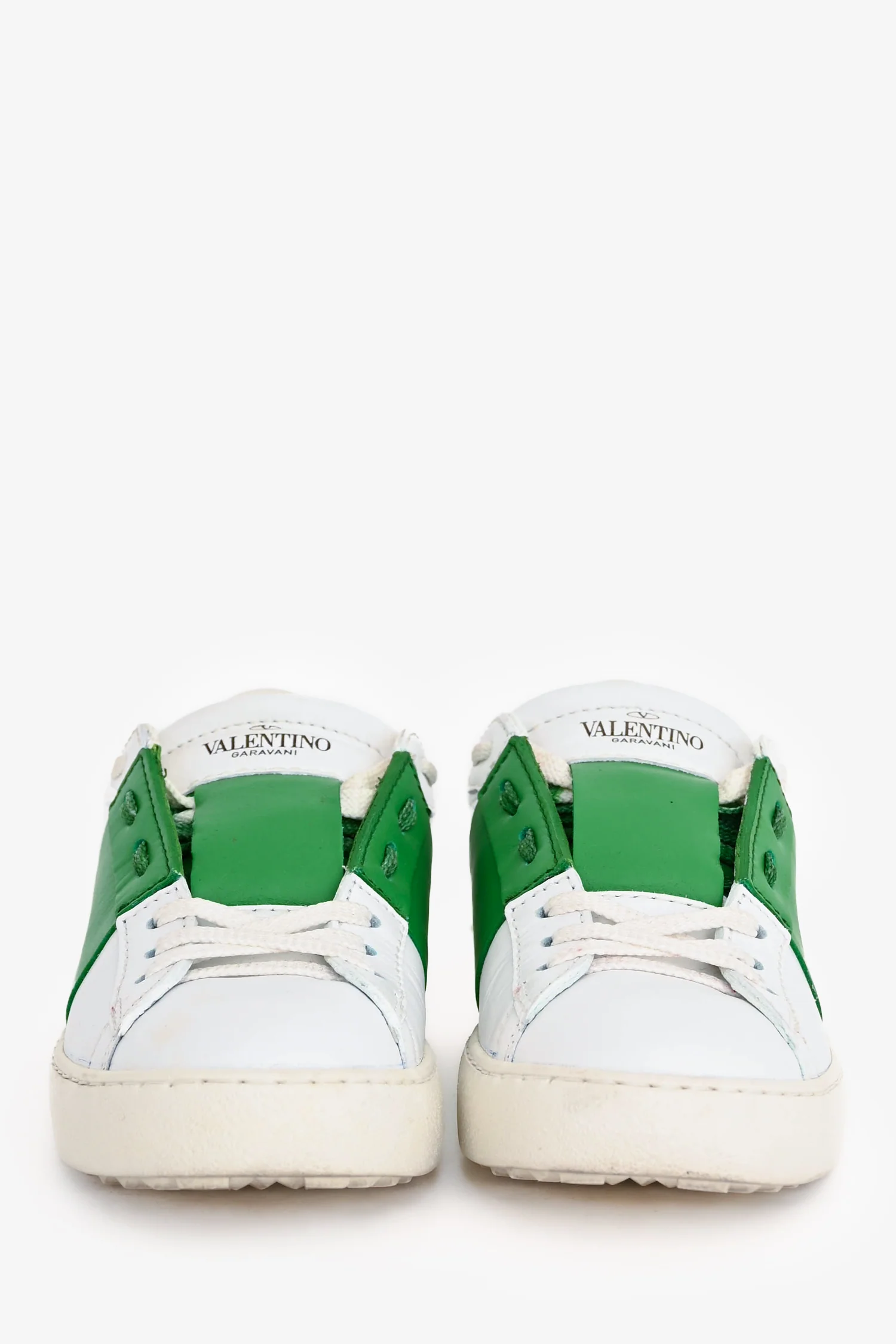 Valentino White/Green Leather Rockstud Sneakers Size 35
