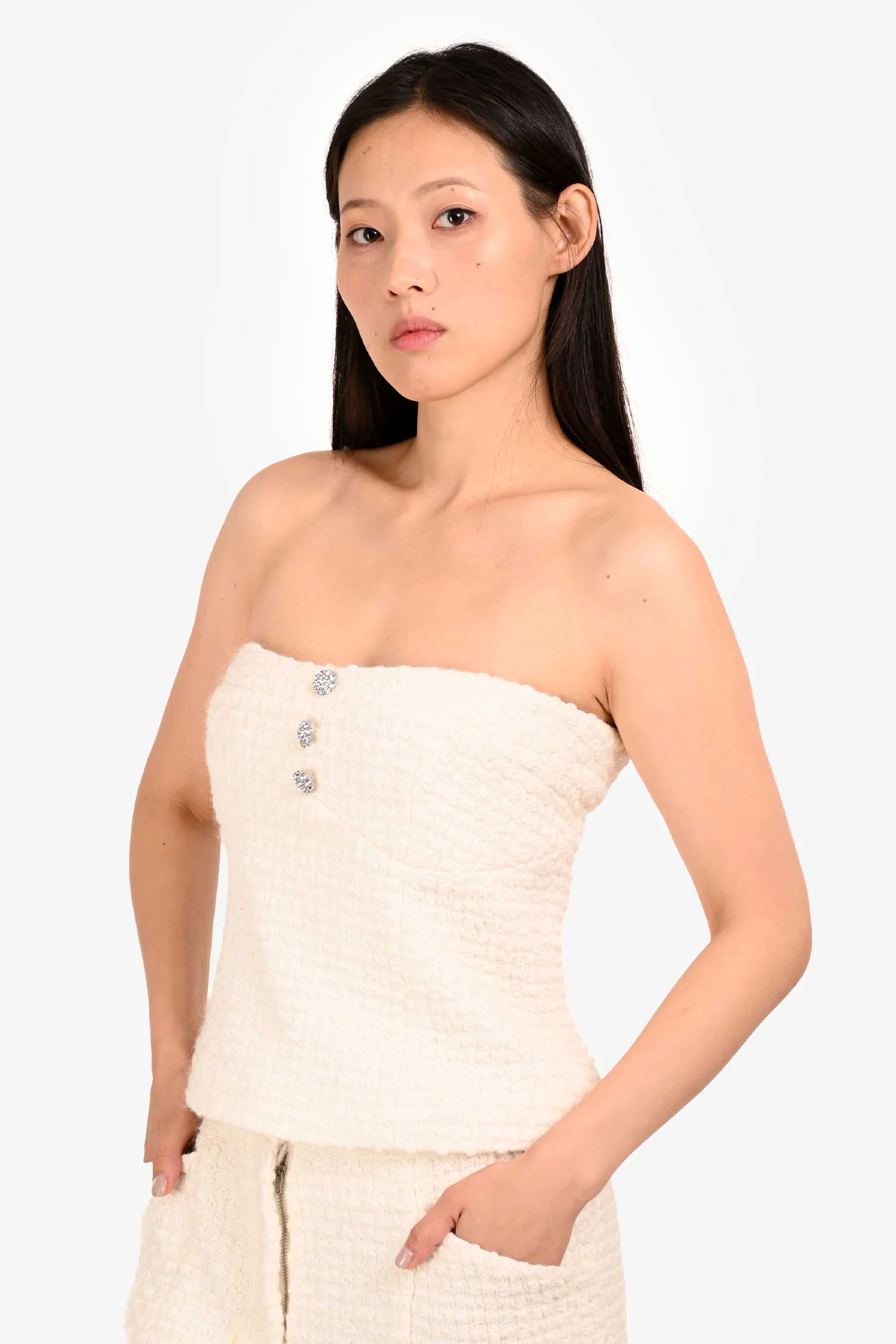 Lovers and Friends Cream Tweed Embellished Strapless Top Size M