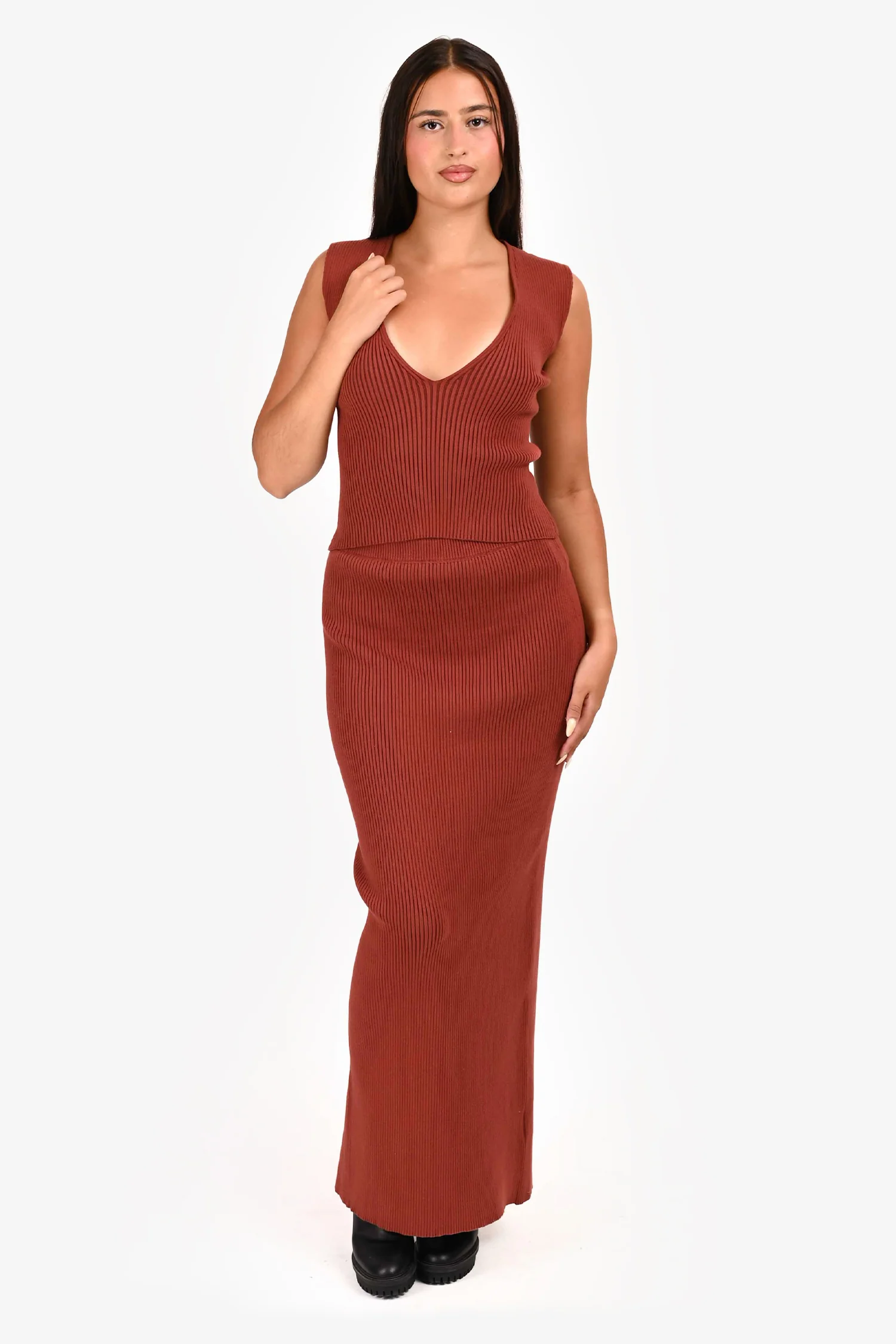 &Or Burnt Red Ribbed Knit Tank Top + Skirt Size 2