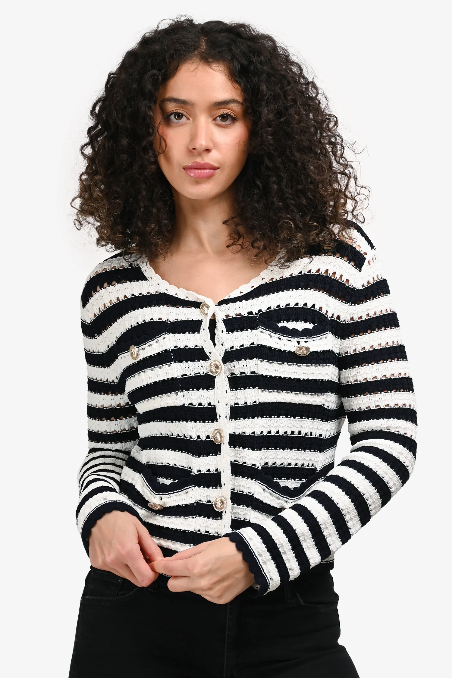 Maje Navy/White Striped Crochet Knit Button-Up Long Sleeve Cardigan Size 1