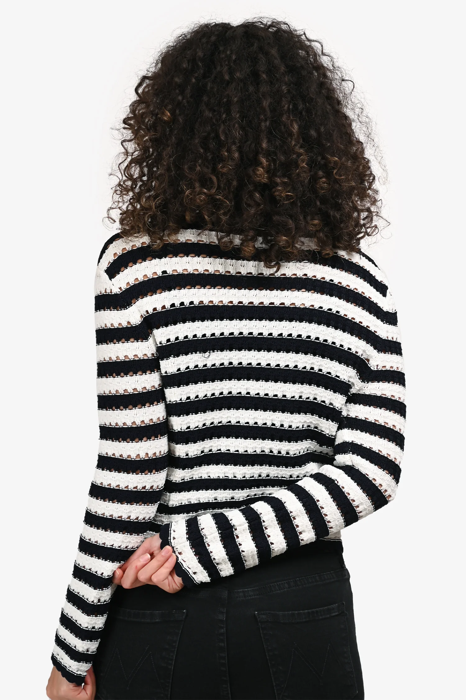 Maje Navy/White Striped Crochet Knit Button-Up Long Sleeve Cardigan Size 1