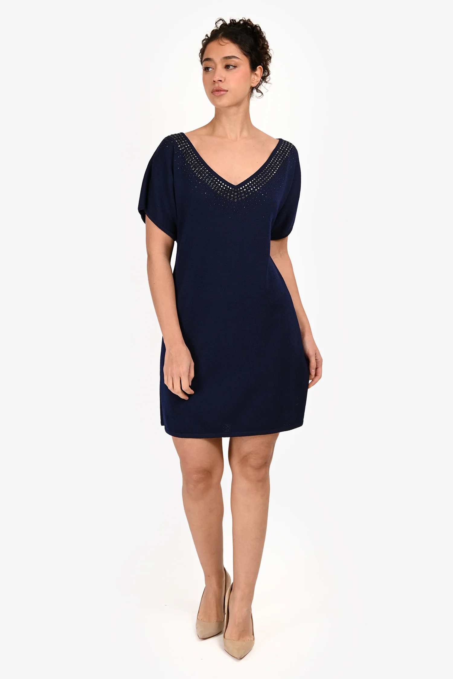 St. John Blue Wool Crystal Embellished Short Sleeve Sweater Dress Size 6 US