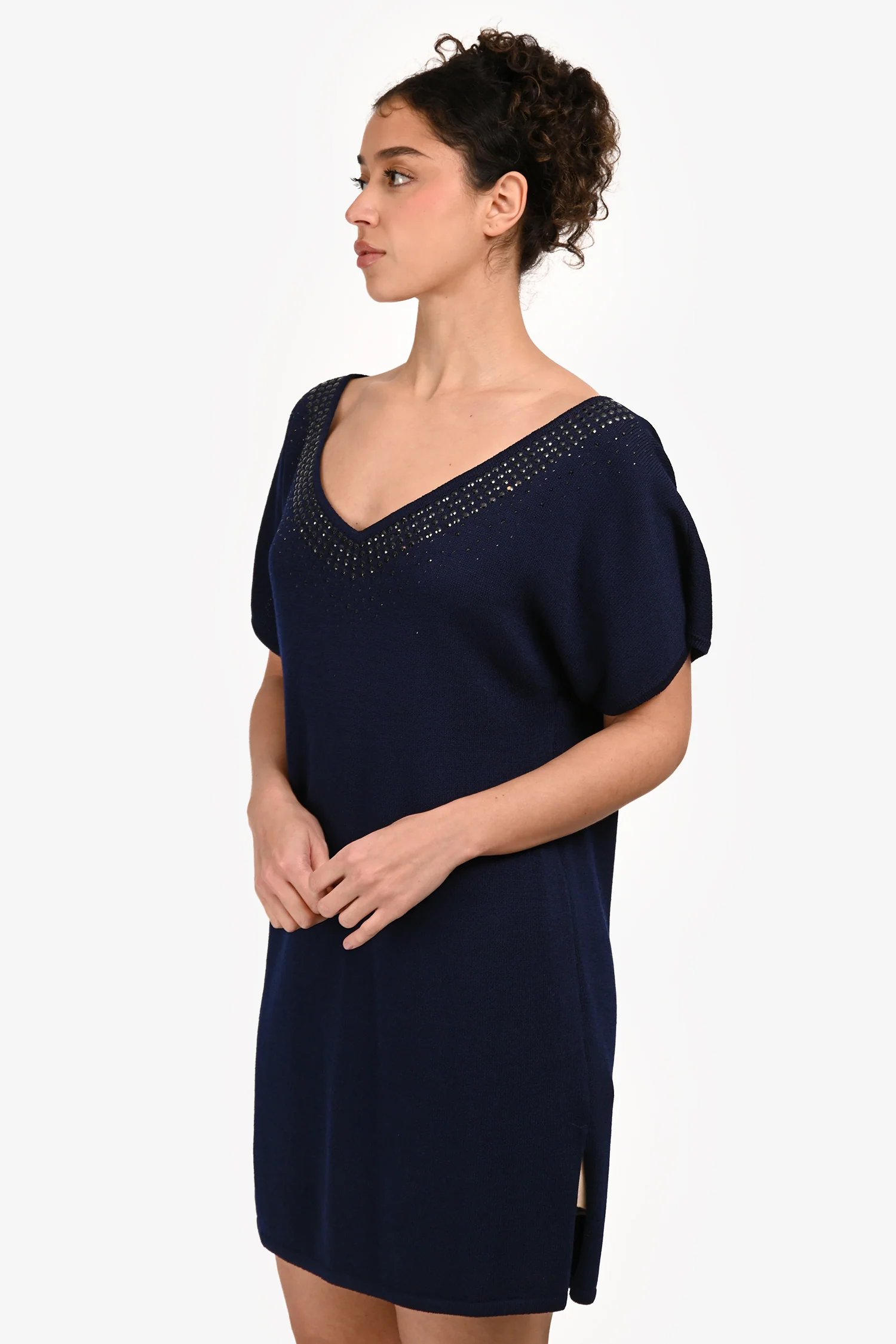 St. John Blue Wool Crystal Embellished Short Sleeve Sweater Dress Size 6 US