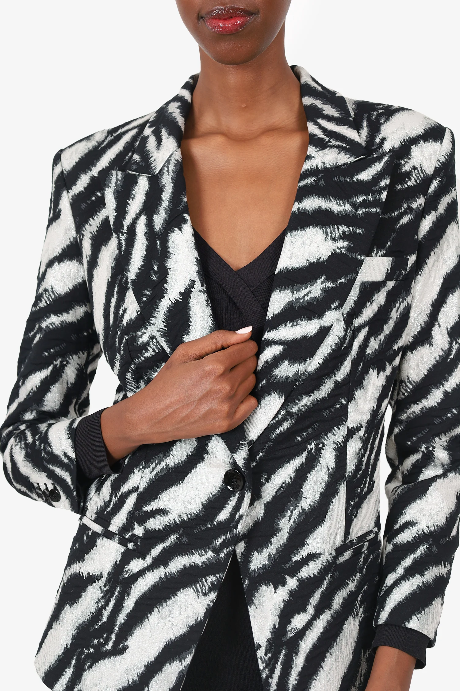 Redemption Black/White Metallic Zebra Printed Blazer Size 40