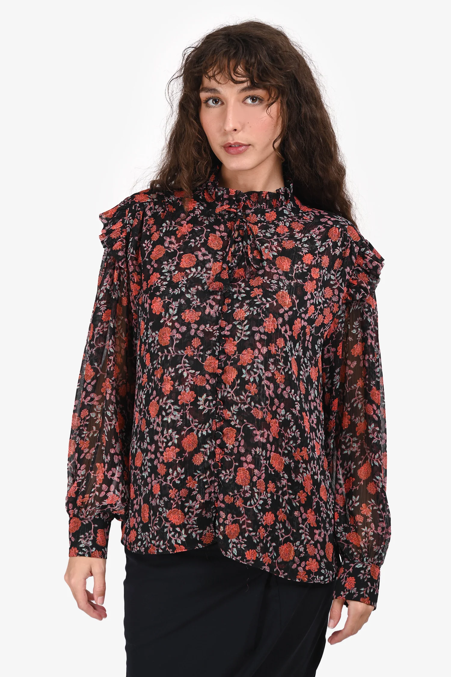 Misa Black/Pink Floral Sheer Blouse Size L