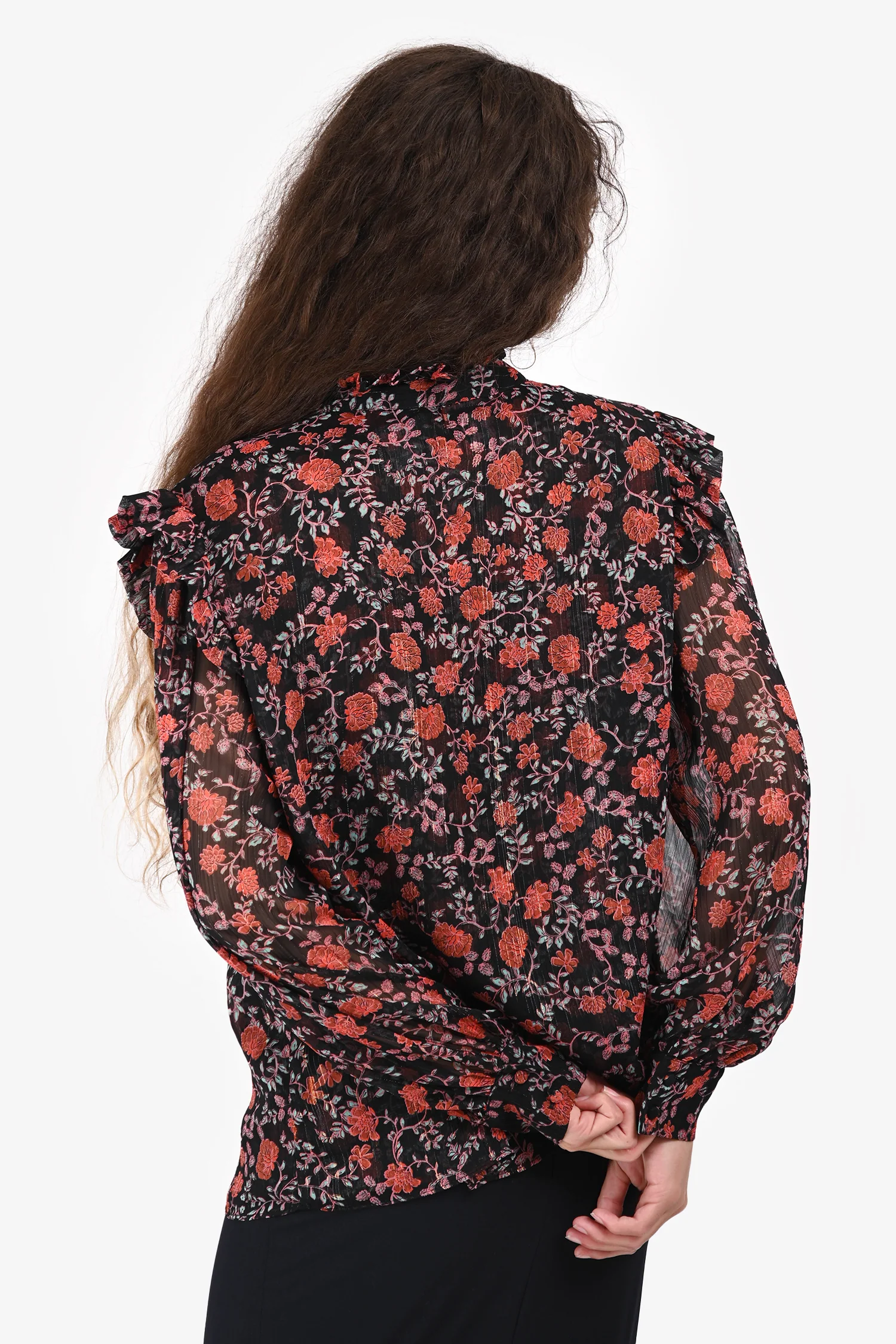 Misa Black/Pink Floral Sheer Blouse Size L