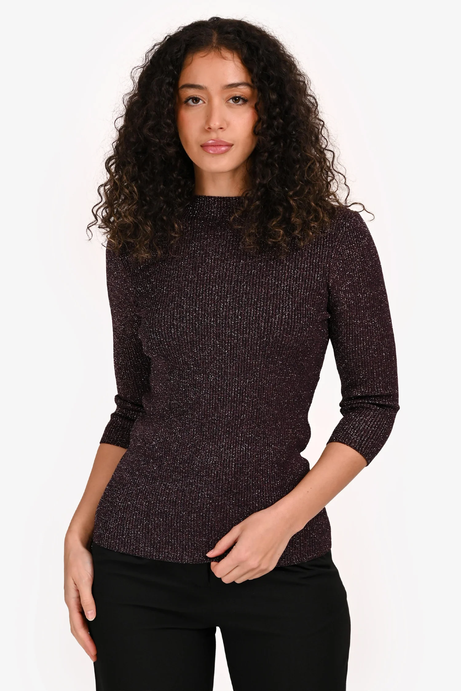 Maje Purple Metallic Ribbed Long Sleeve Top Size 2