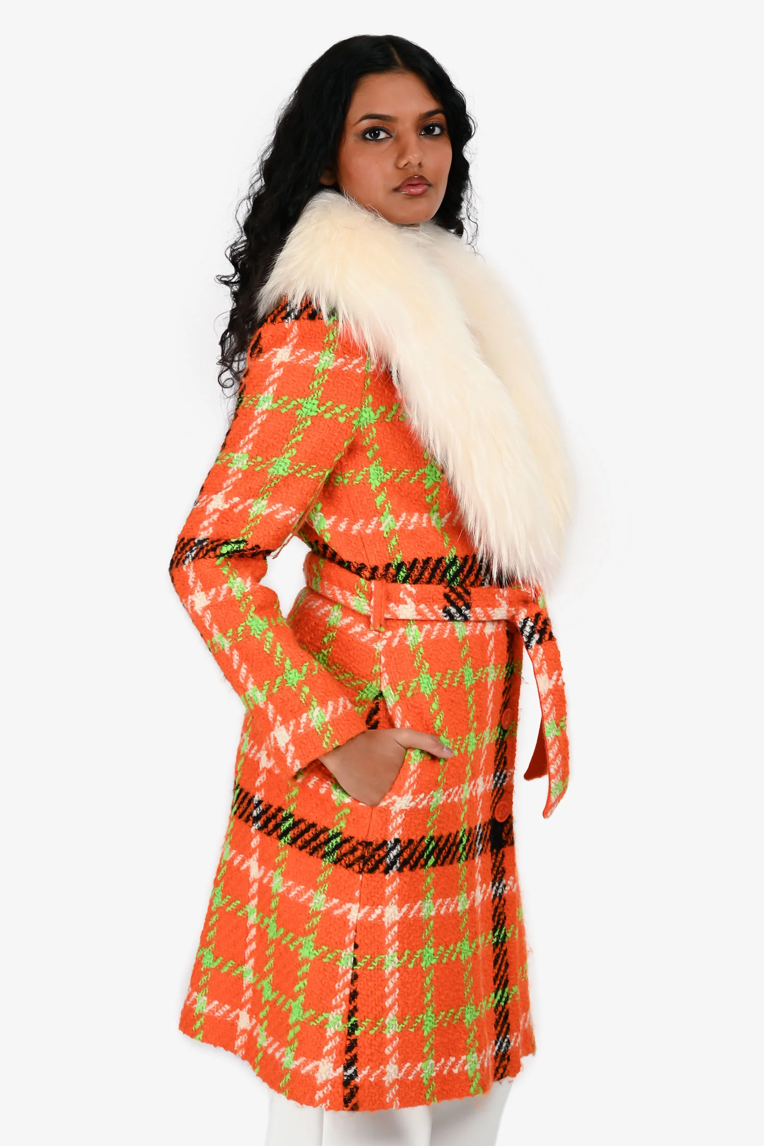Boutique Moschino Orange/White Wool Tartan Detachable Fur Collar Coat Size 4 US