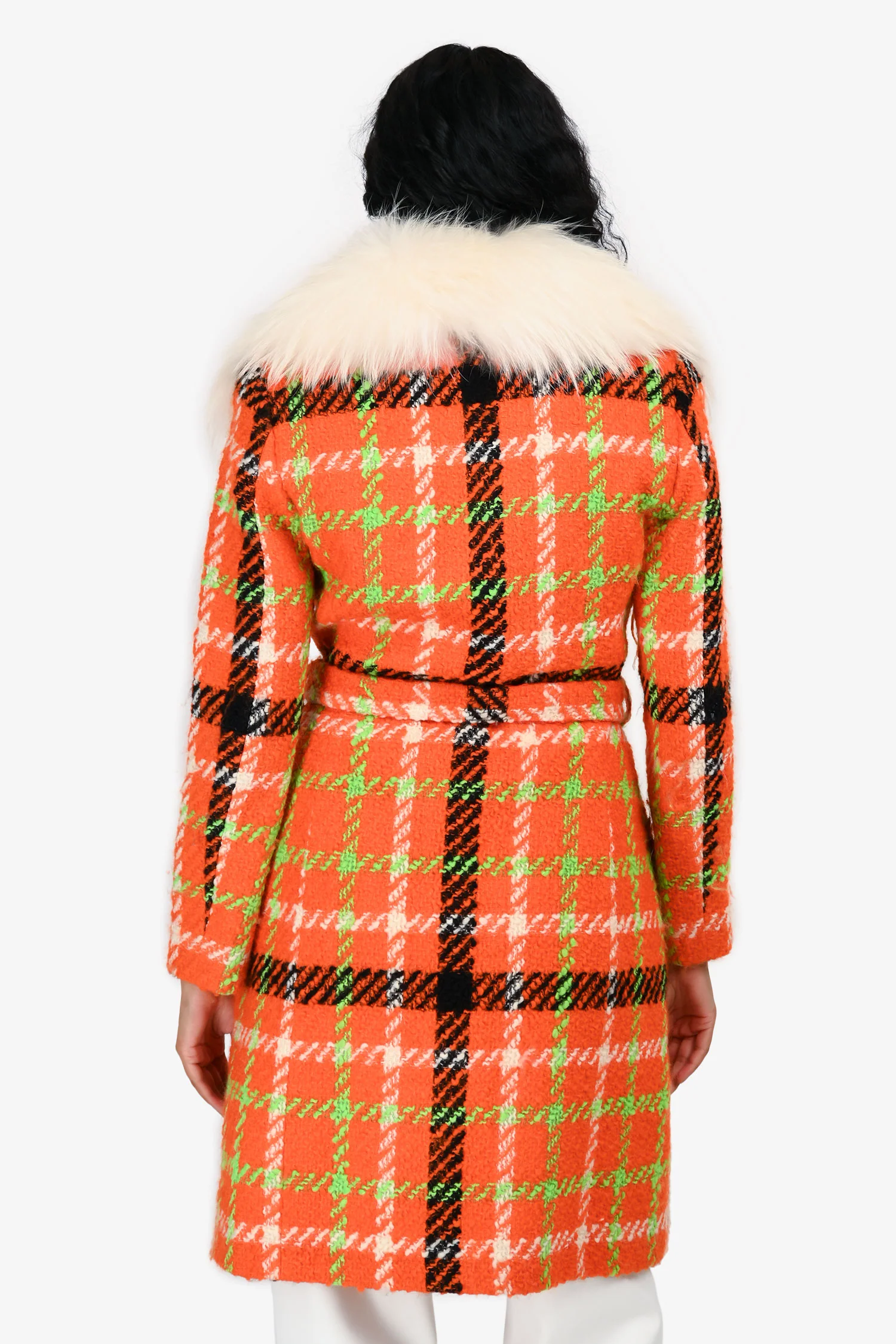 Boutique Moschino Orange/White Wool Tartan Detachable Fur Collar Coat Size 4 US