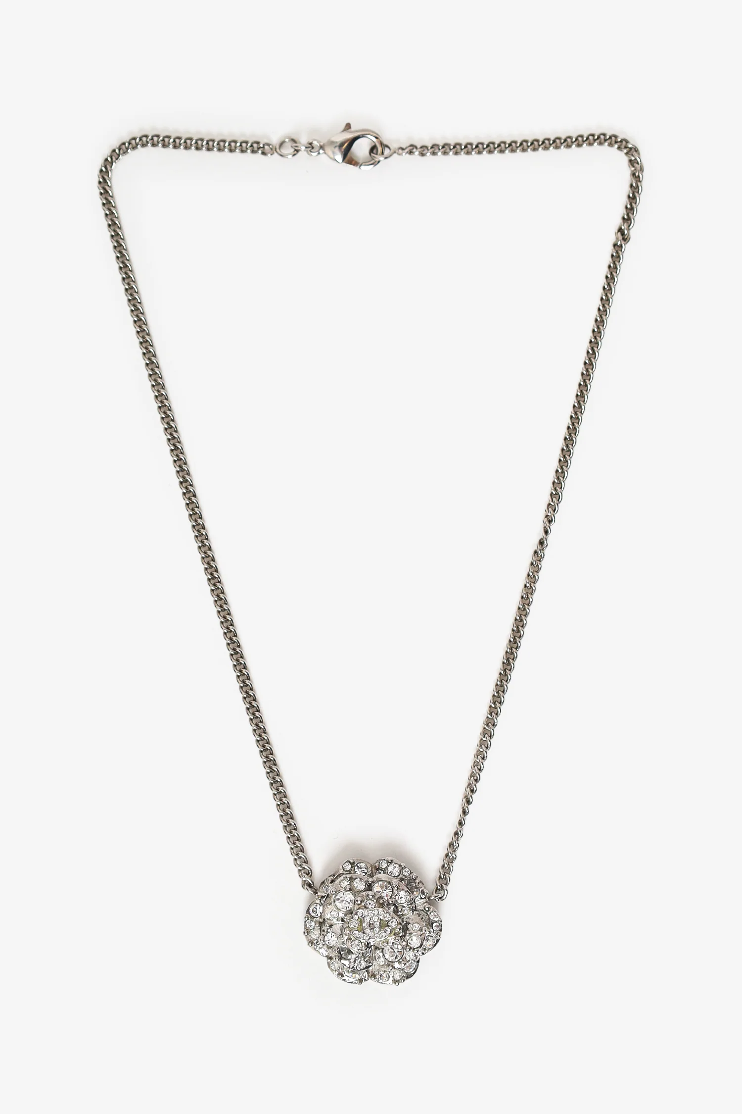 Pre-Loved Chanel™ Silver Tone Crystal Camellia Flower Necklace