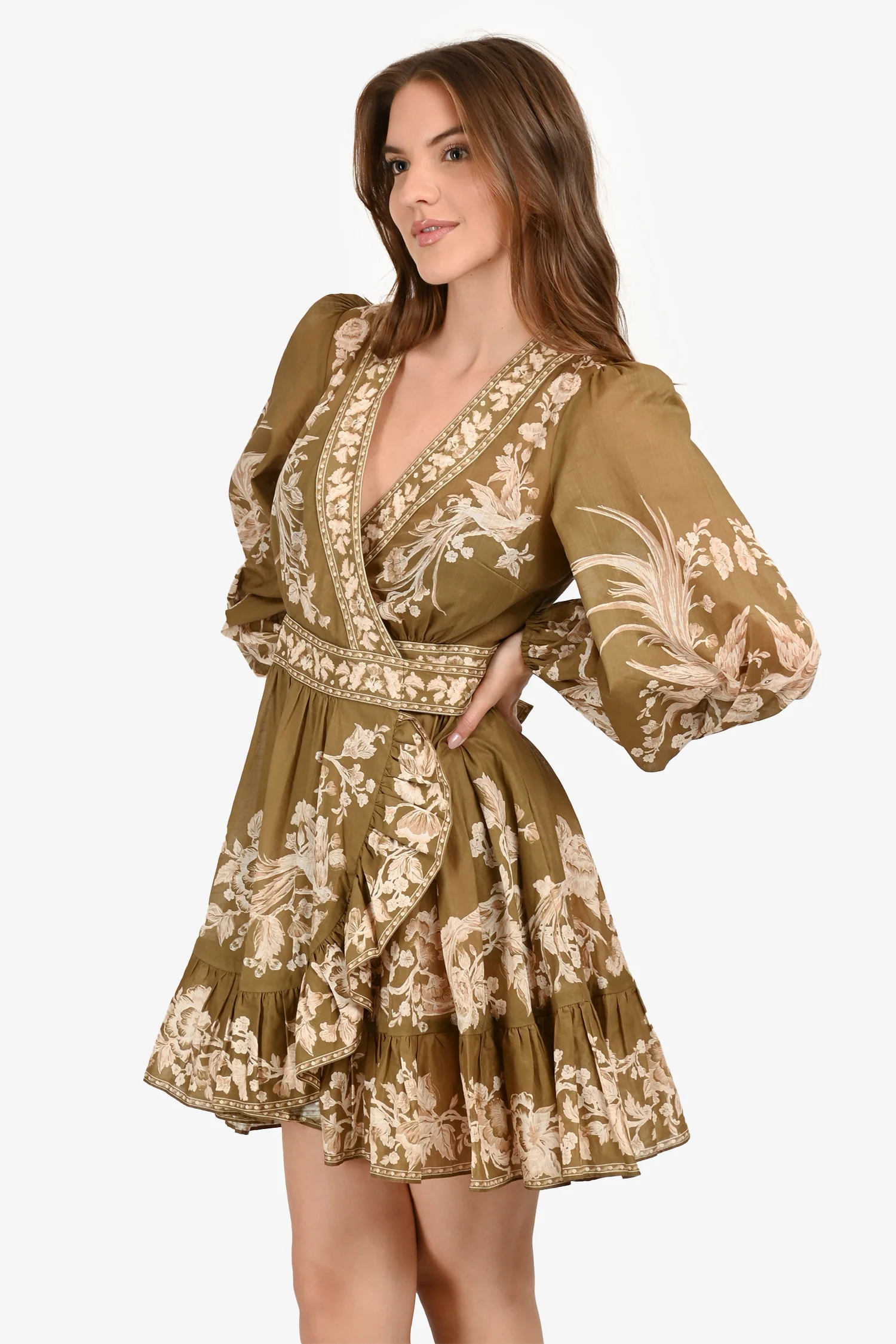 Zimmermann Green Cotton Floral Printed Long Sleeve Mini Wrap Dress Size 0