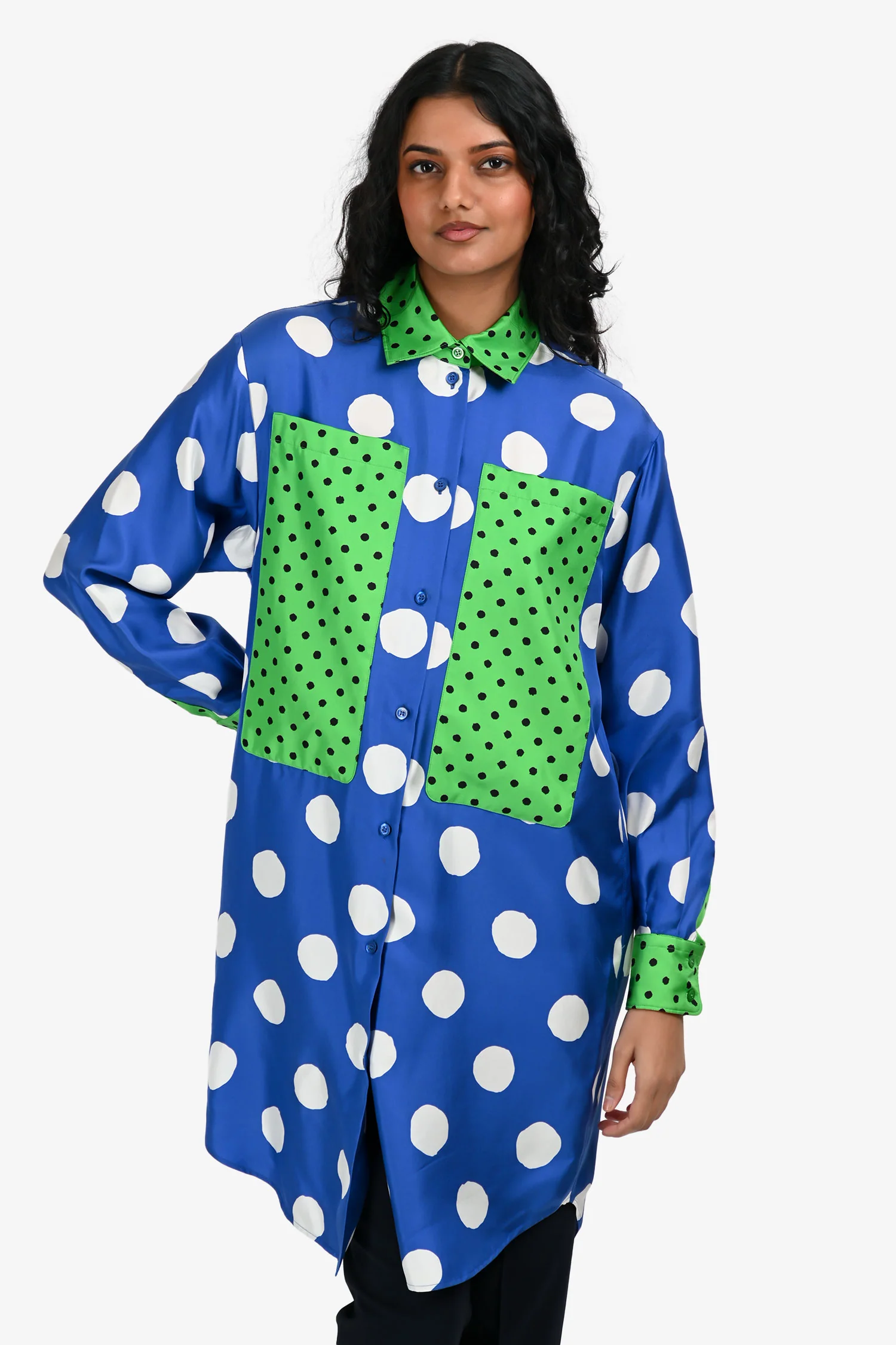 Moschino Blue/Green Printed Silk Button Down Shirt Size 2