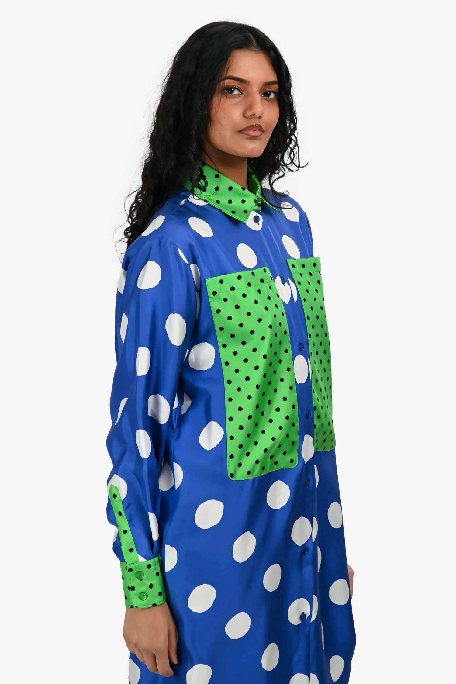 Moschino Blue/Green Printed Silk Button Down Shirt Size 2