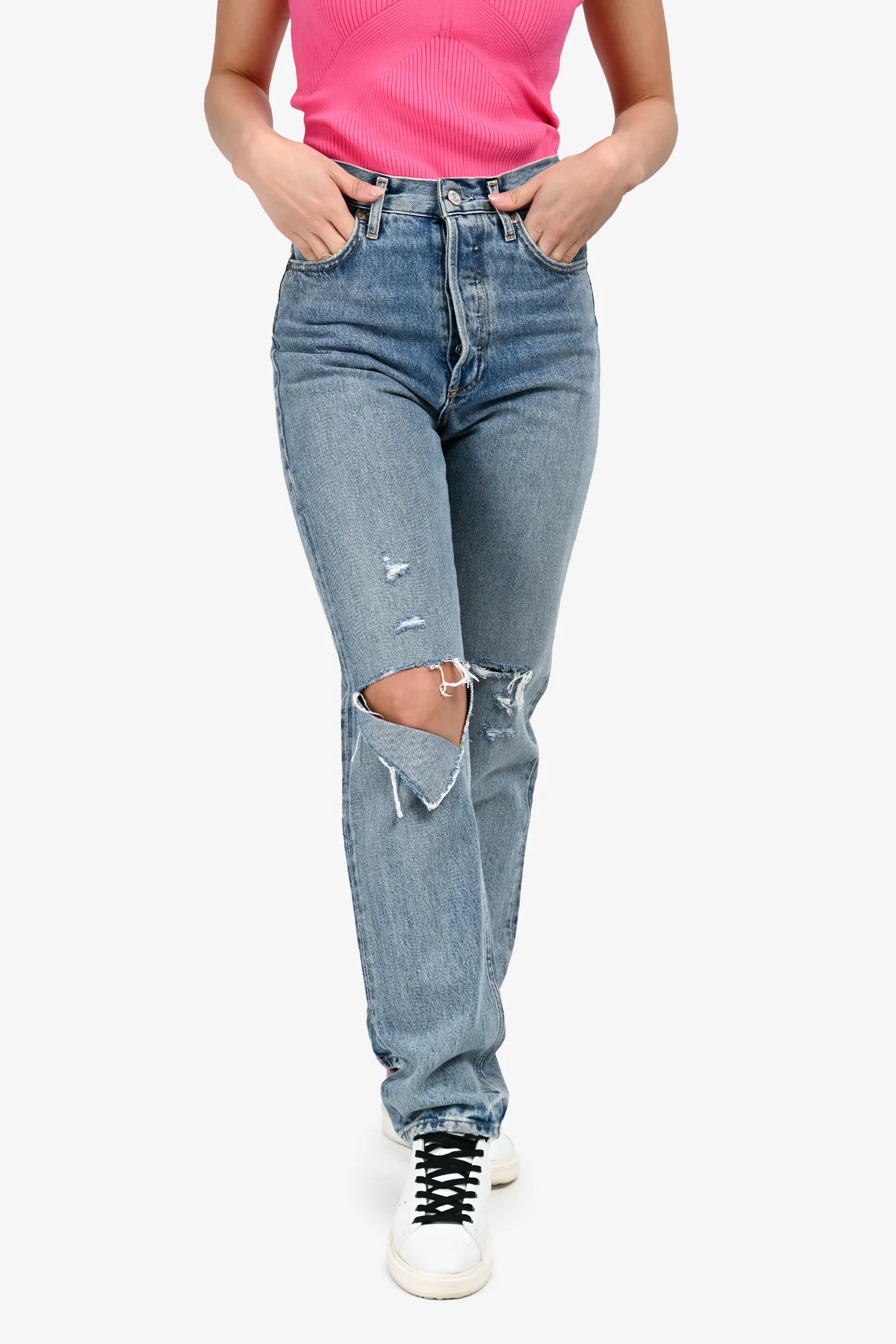 Agolde Blue Denim 90's Pinch Waist High Rise Ripped Jeans Size 23
