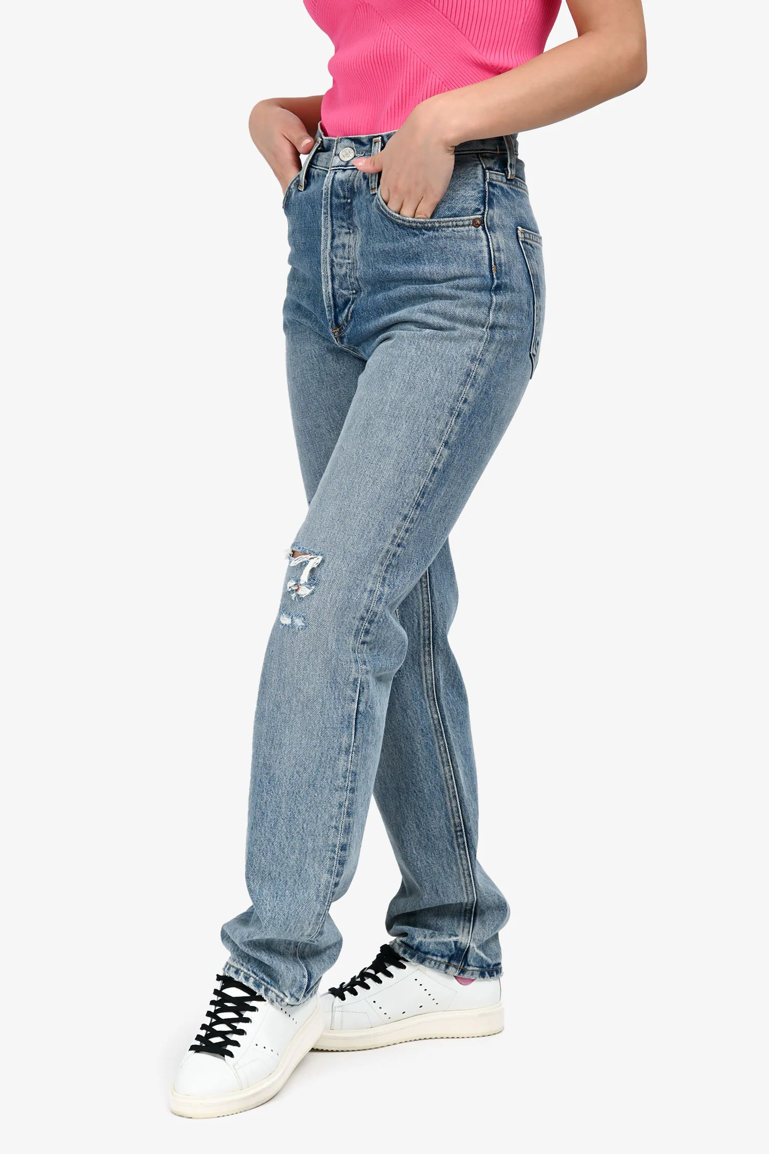 Agolde Blue Denim 90's Pinch Waist High Rise Ripped Jeans Size 23