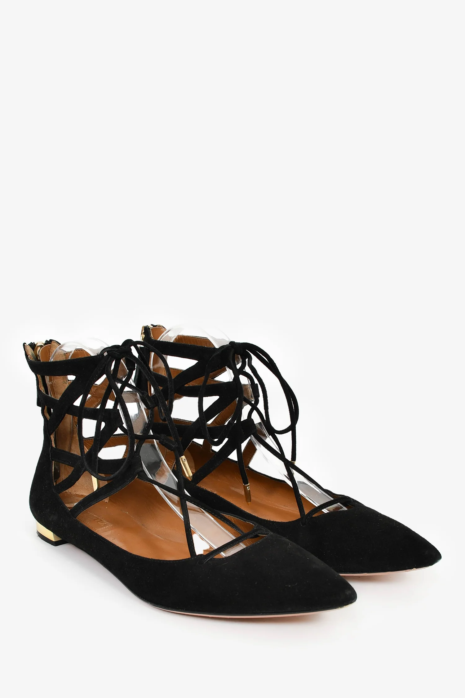 Aquazzura Black Suede Pointed Tie Up Flats Size 39