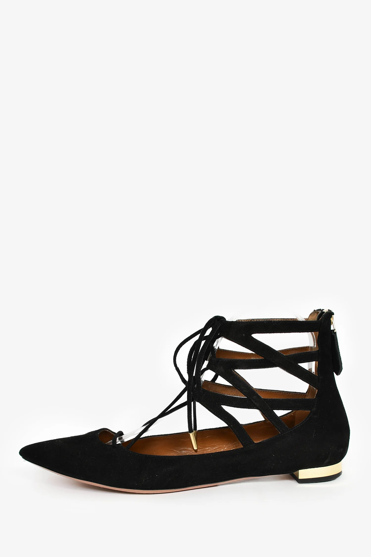 Aquazzura Black Suede Pointed Tie Up Flats Size 39