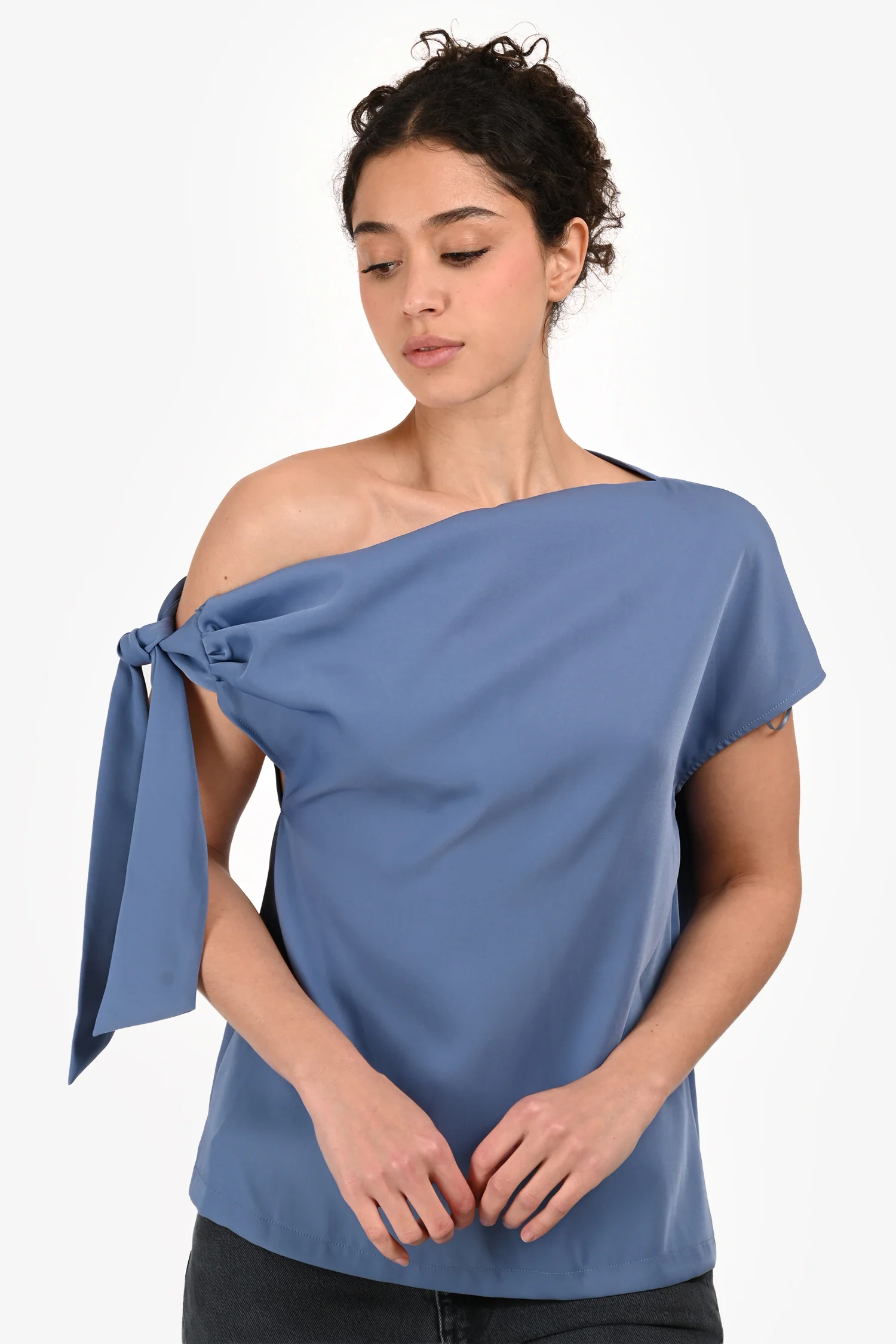 Mossman Blue Satin 'Drop Off' Cold Shoulder Tie Top Size XS