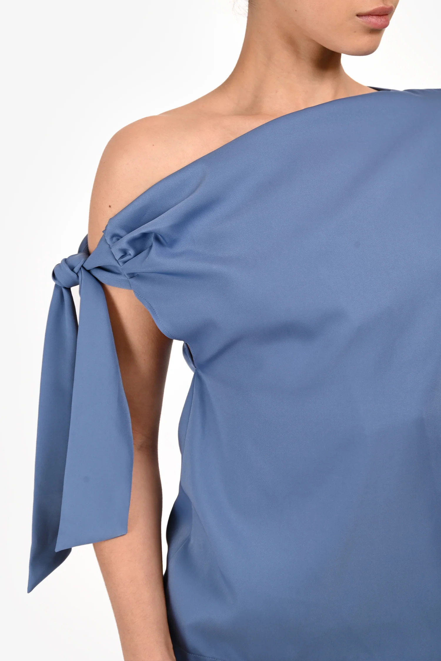 Mossman Blue Satin 'Drop Off' Cold Shoulder Tie Top Size S